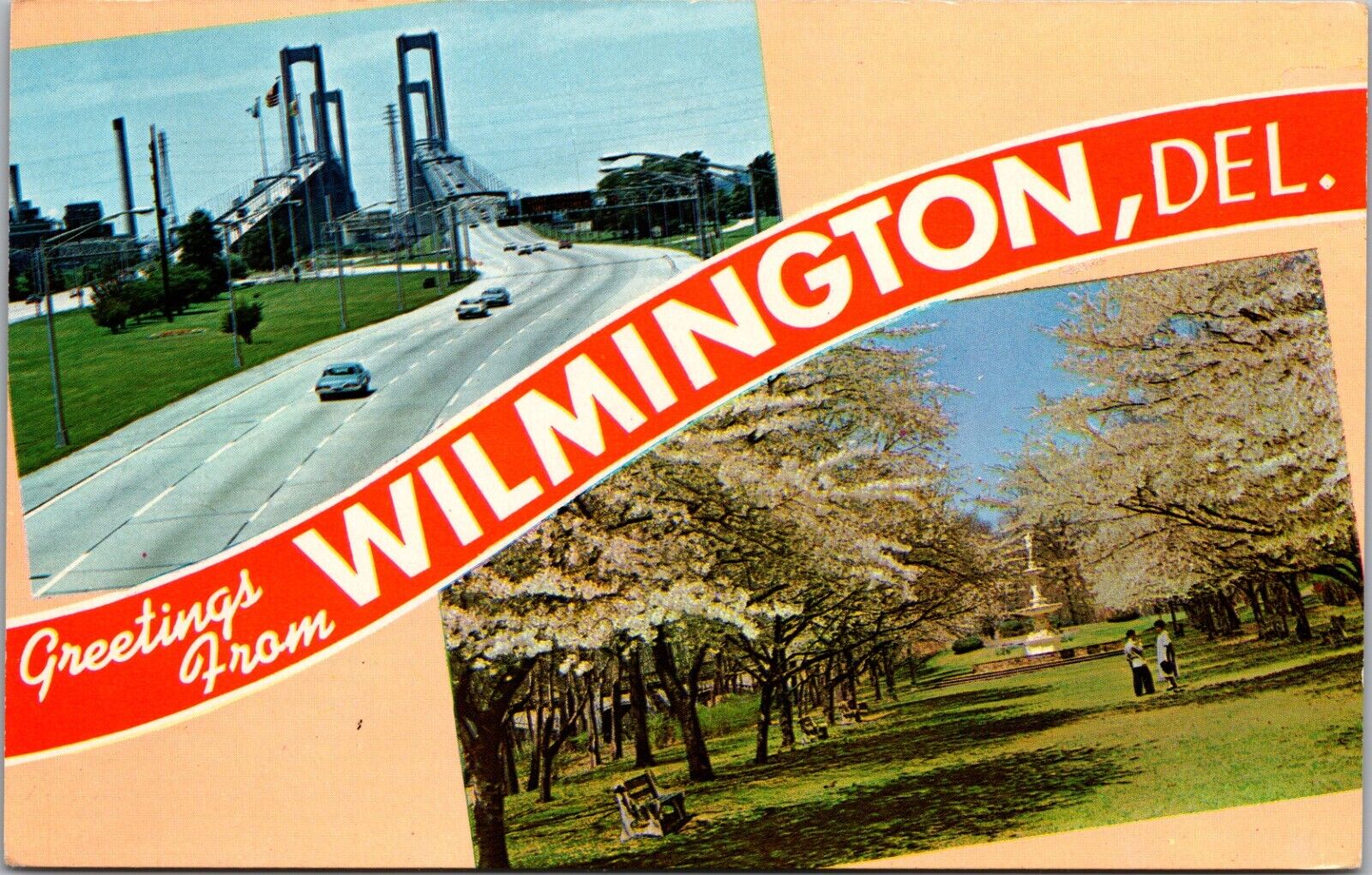 Wilmington DE Greetings Dual View Banner Bridge Cars Josephine Gardens Postcard 