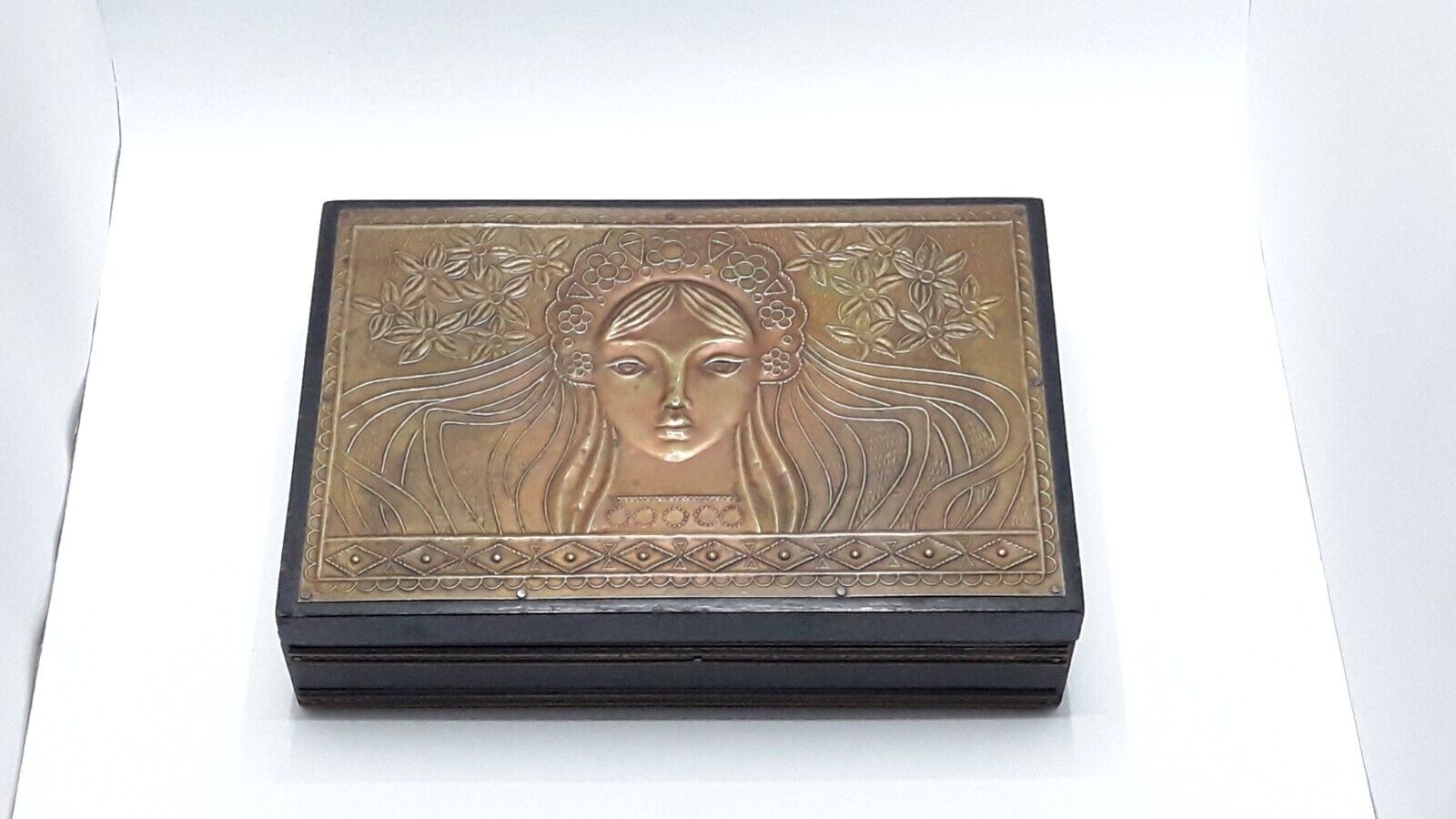 Vintage Soviet USSR Stamping Plaque Chasing Brass Girl Box Coffer Wooden Old