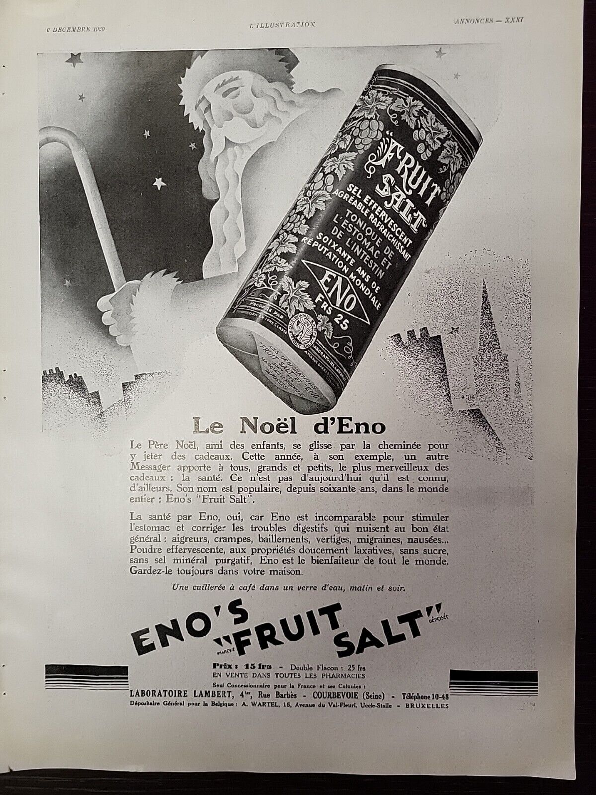 Eno's Fruit Salt 1930 L'illustration Mag Print Ad FRENCH Christmas Santa Claus