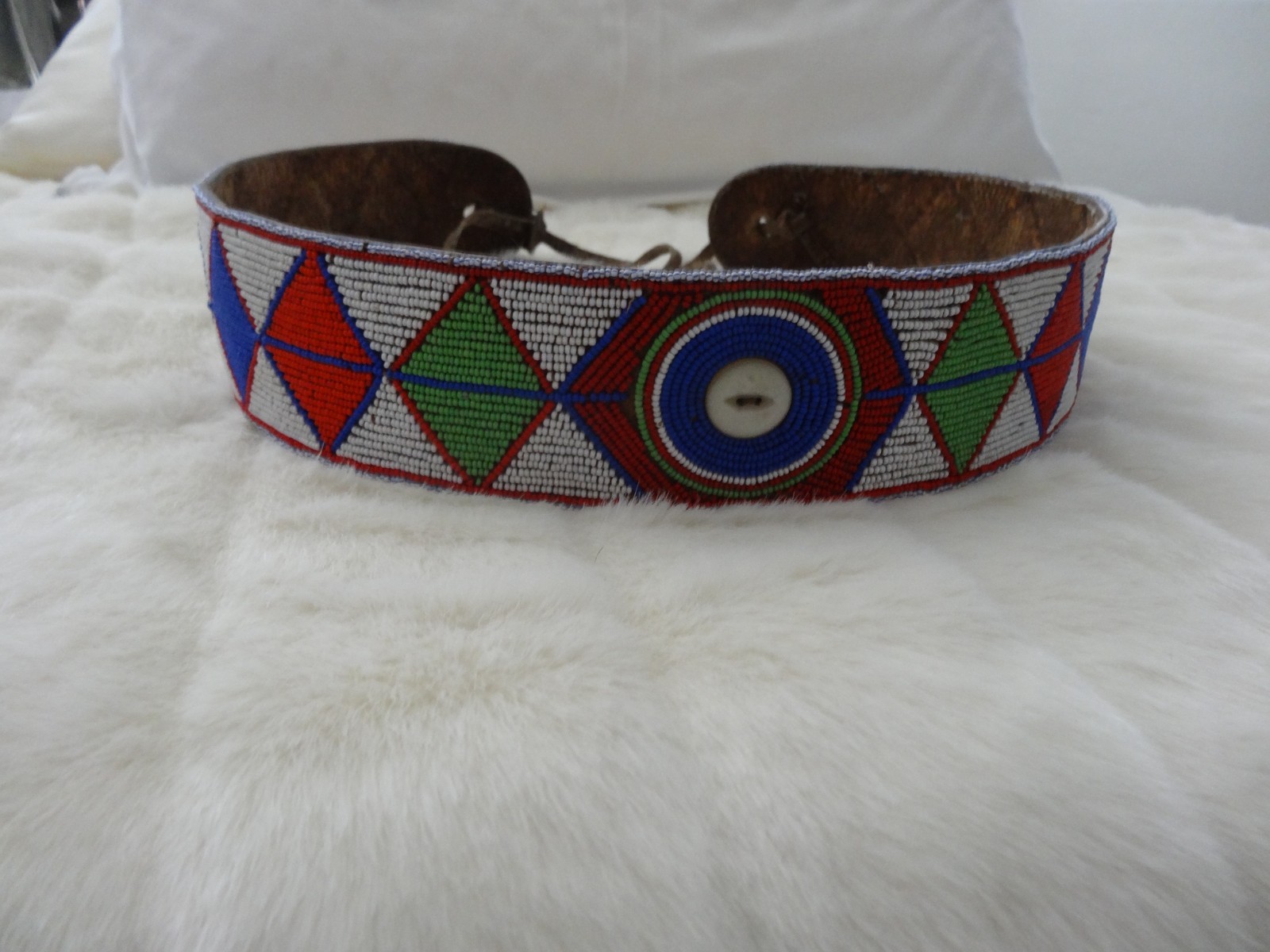 Vintage MAASAI Kenyan Hand Beaded Red White Blue green Leather Warrior Belt NICE Vintage MAASAI Kenyan Hand Beaded Red White Blue green Leather Warrior Belt NICE