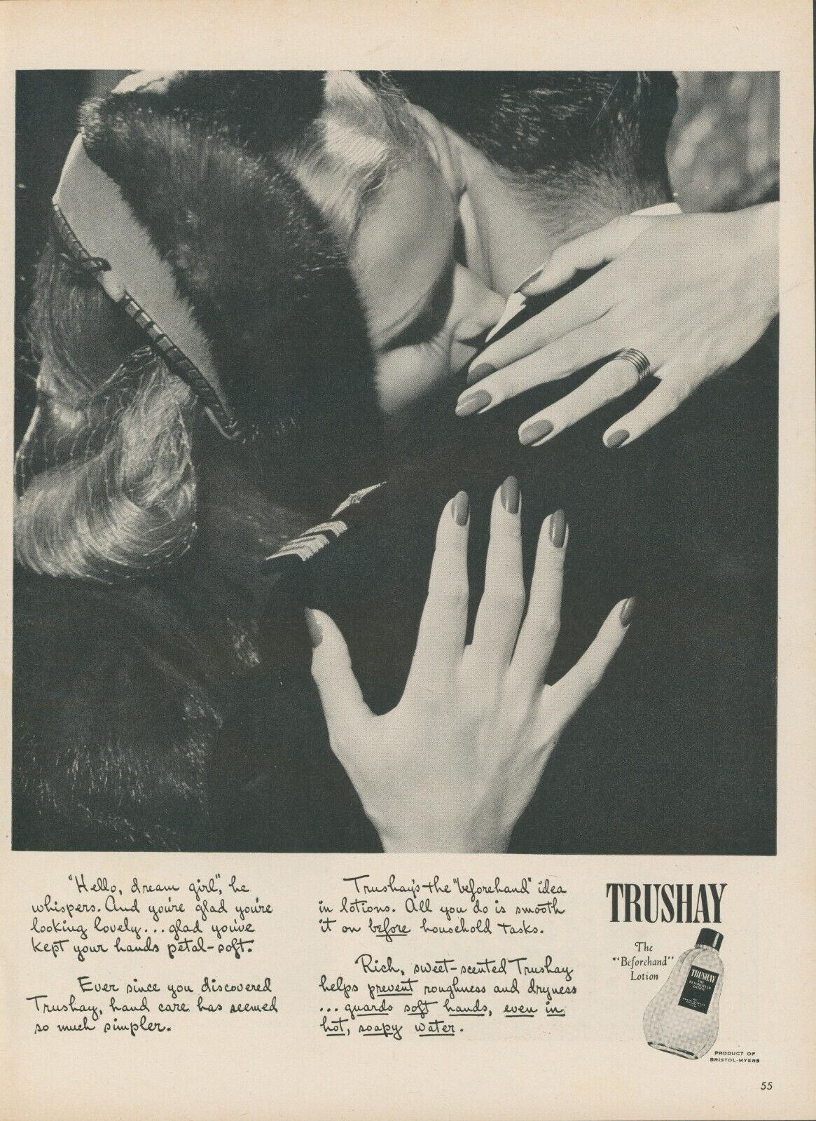 1945 Trushay Hand Lotion Dream Girl Couple Hug Fur Hat Vintage Print Ad L25