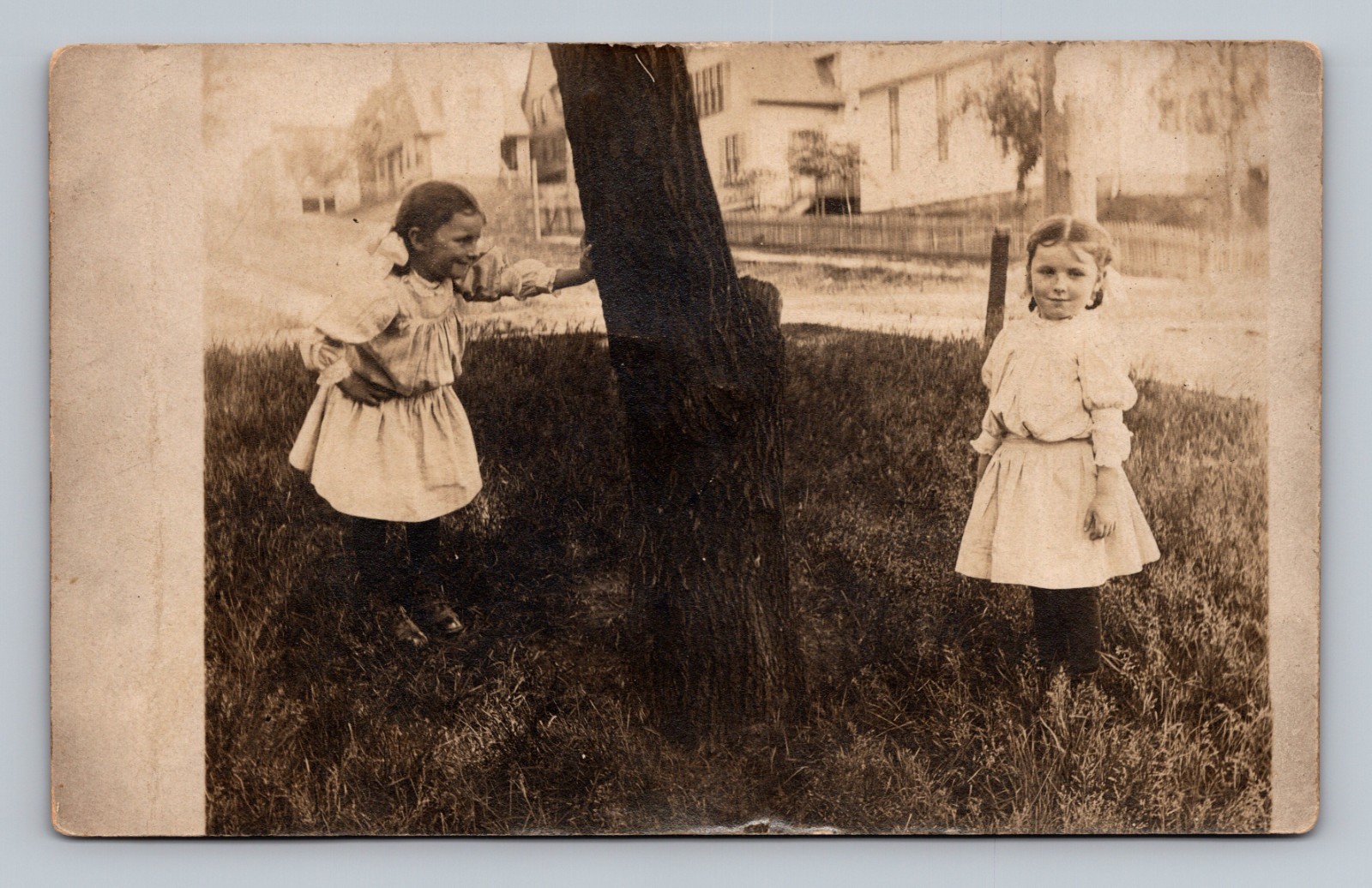 Girls Playing Outside Tree Antique RPPC Real Photo Vintage Postcard
