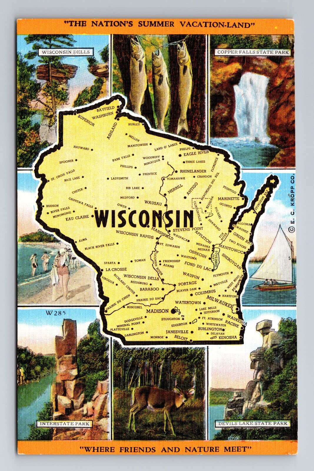 WI-Wisconsin, General Greeting, State Map, Points of Interest, Vintage Postcard