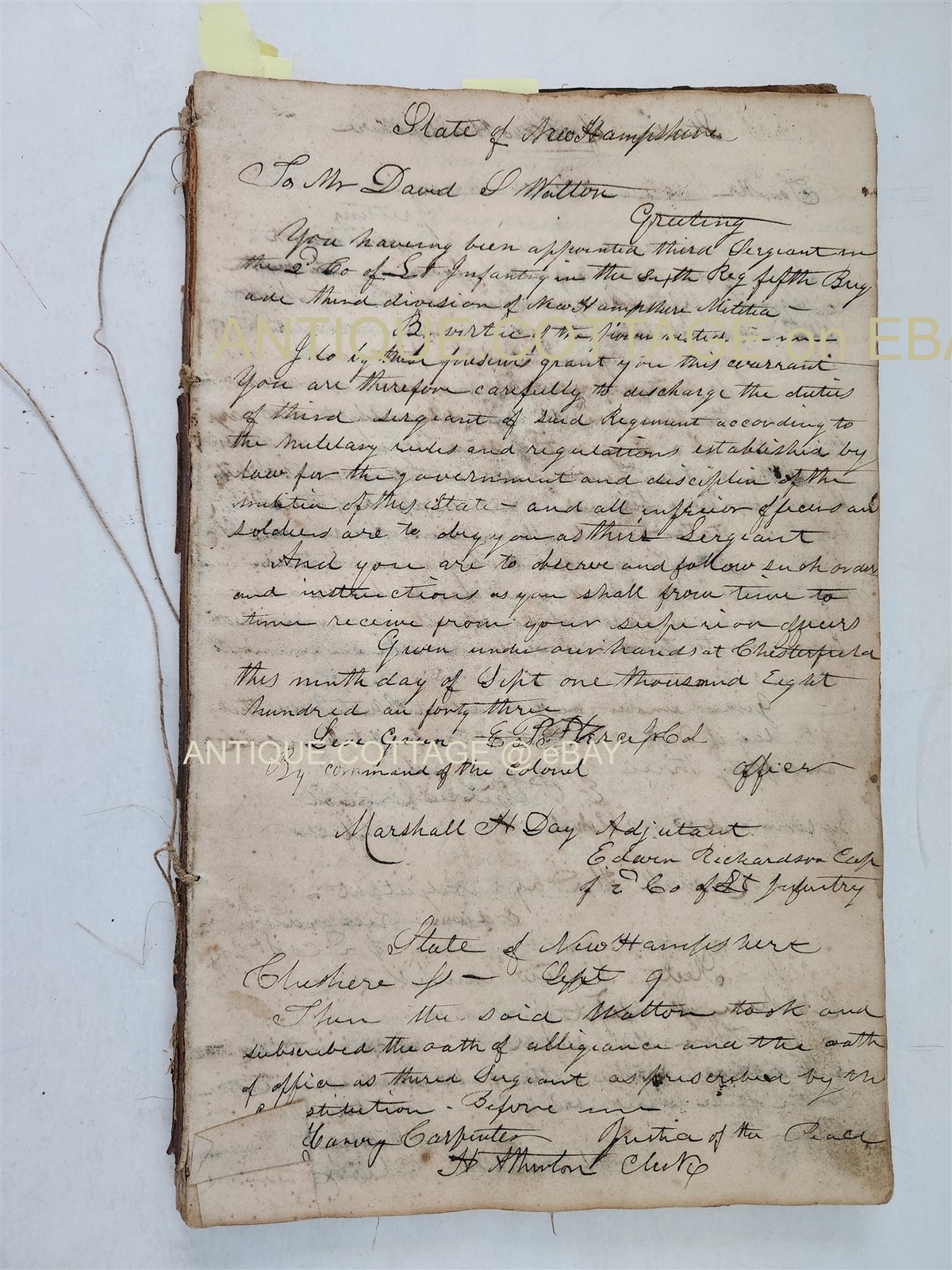 1843 antique NEW HAMPSHIRE MILITIA ledger cheshire co ROSTERS officers weapons