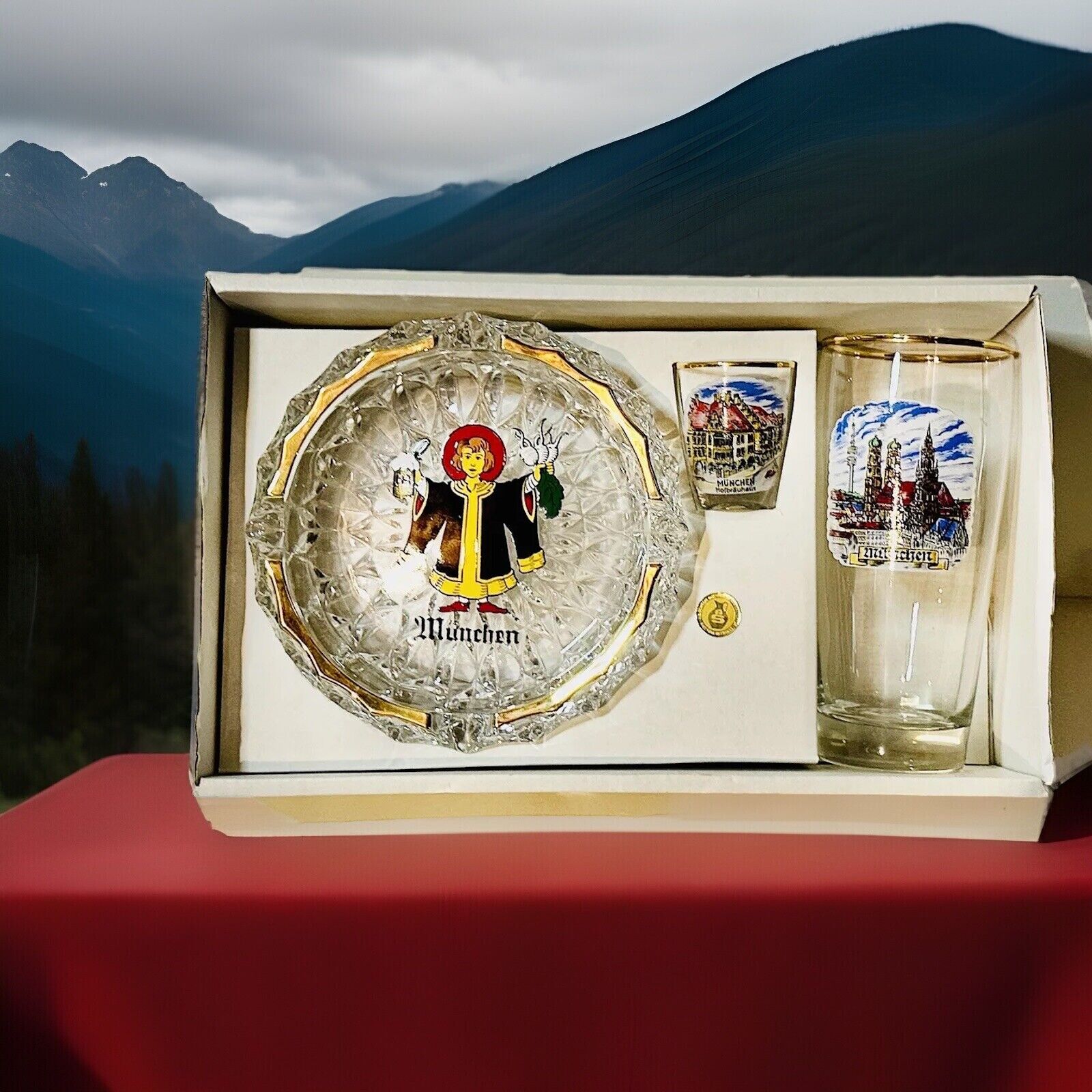 Vintage German Ashtray Gift Set Shot, Beer Glass Barware Gold Gilt Painted NIB