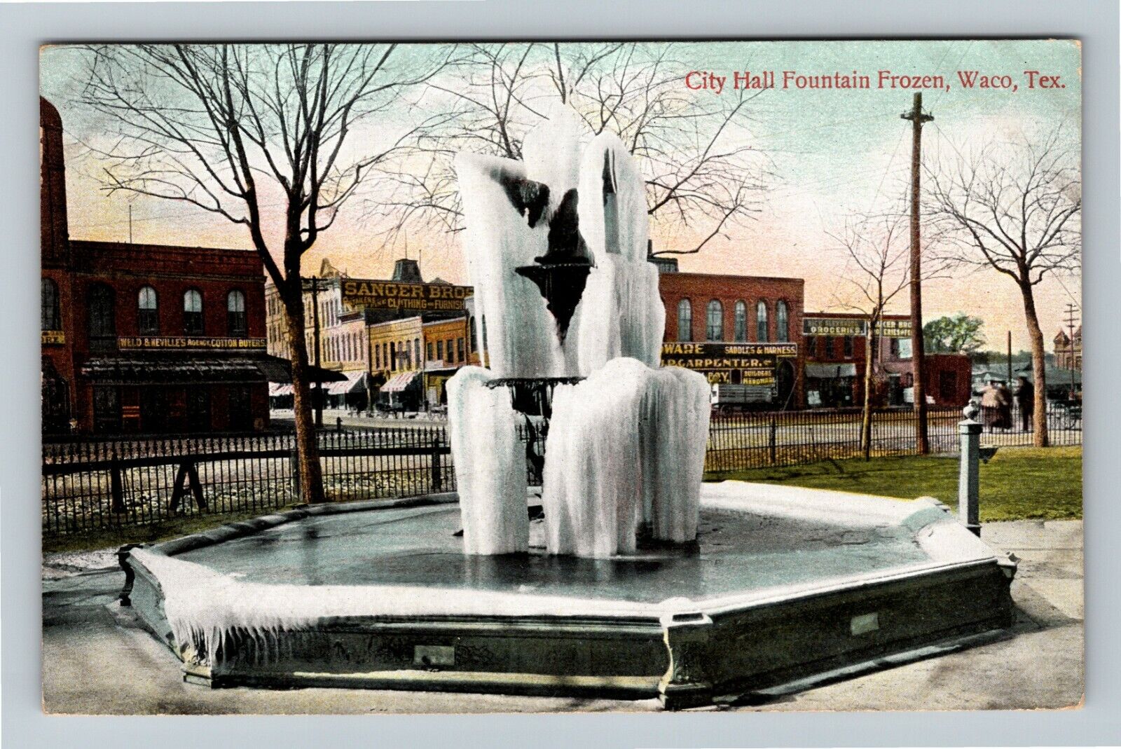 Waco TX-Texas, City Hall Fountain Frozen, Storefronts c1910 Vintage Postcard