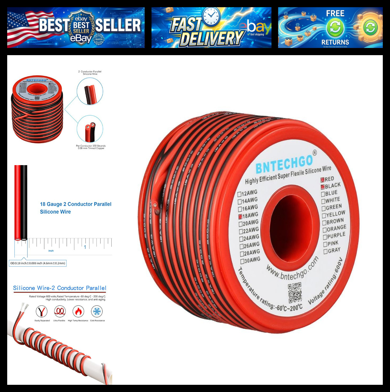 BNTECHGO 18 Gauge 2 Conductor Parallel Silicone Wire Red Black 50ft Cable
