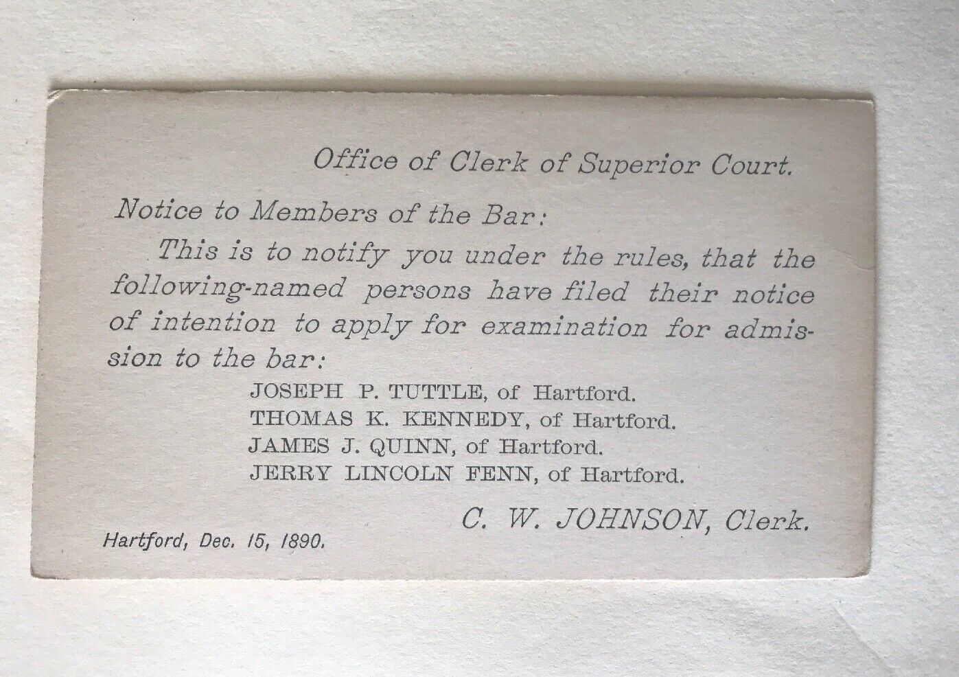1890 Postcard Clerk Superior Court Re Bar Examination Lawyers Hartford CT
