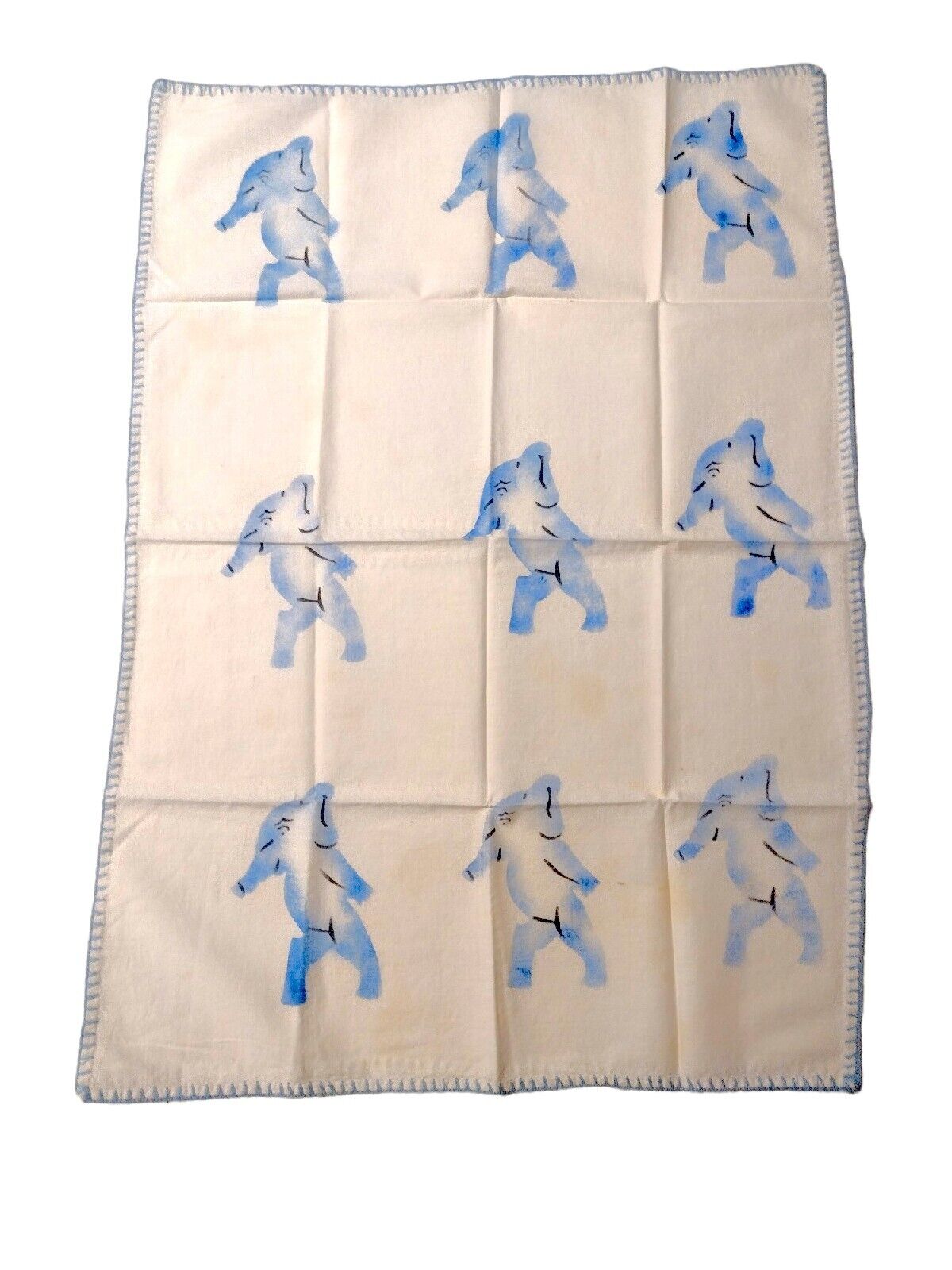 Antique Tea Towel Table Cloth Handkerchief Baby Blue Elephants 1920s 17\