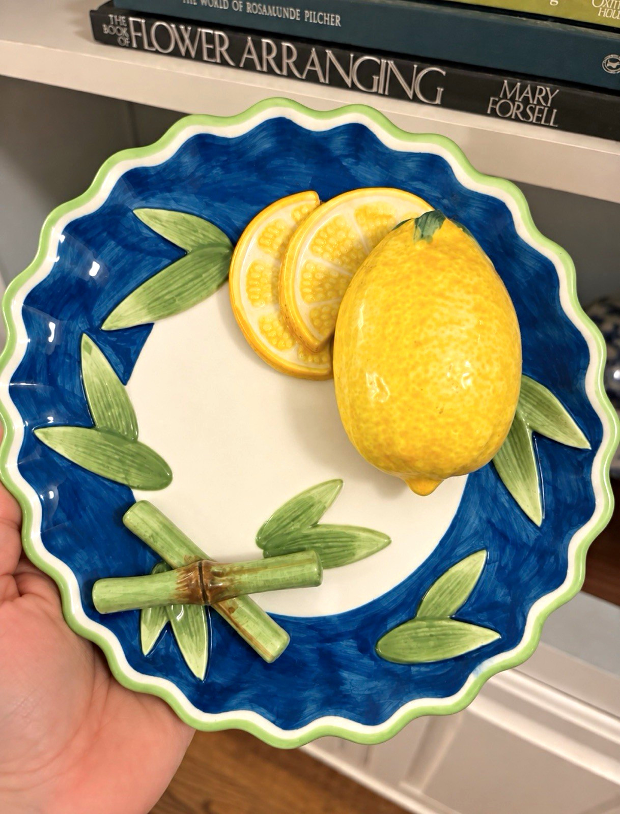 Vintage Bella Casa by Ganz 3D Lemon Wall Plate – Blue Majolica Style 8”