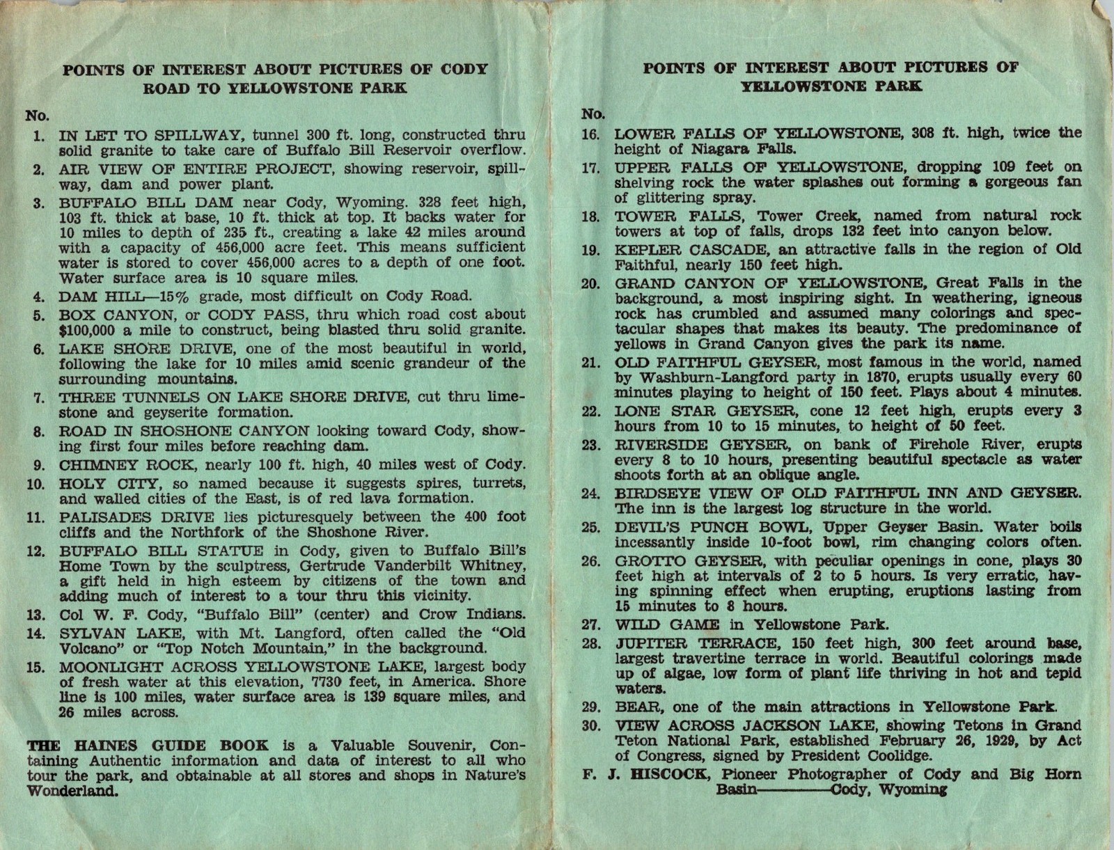 Yellowstone NP Cody Rd Guide Leaflet c1910s Key Postcard Itinerary