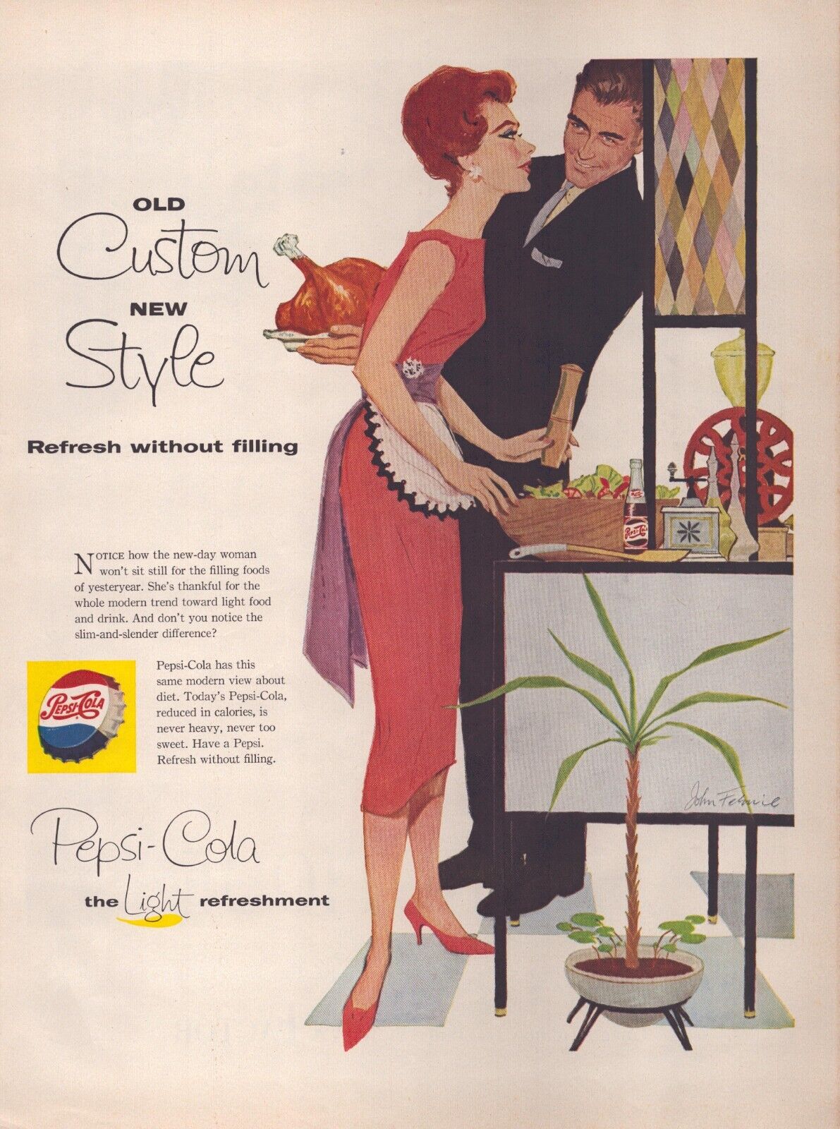 1958 Pepsi Cola Print Ad The Light Refreshment Woman Salad Turkey Less Filling