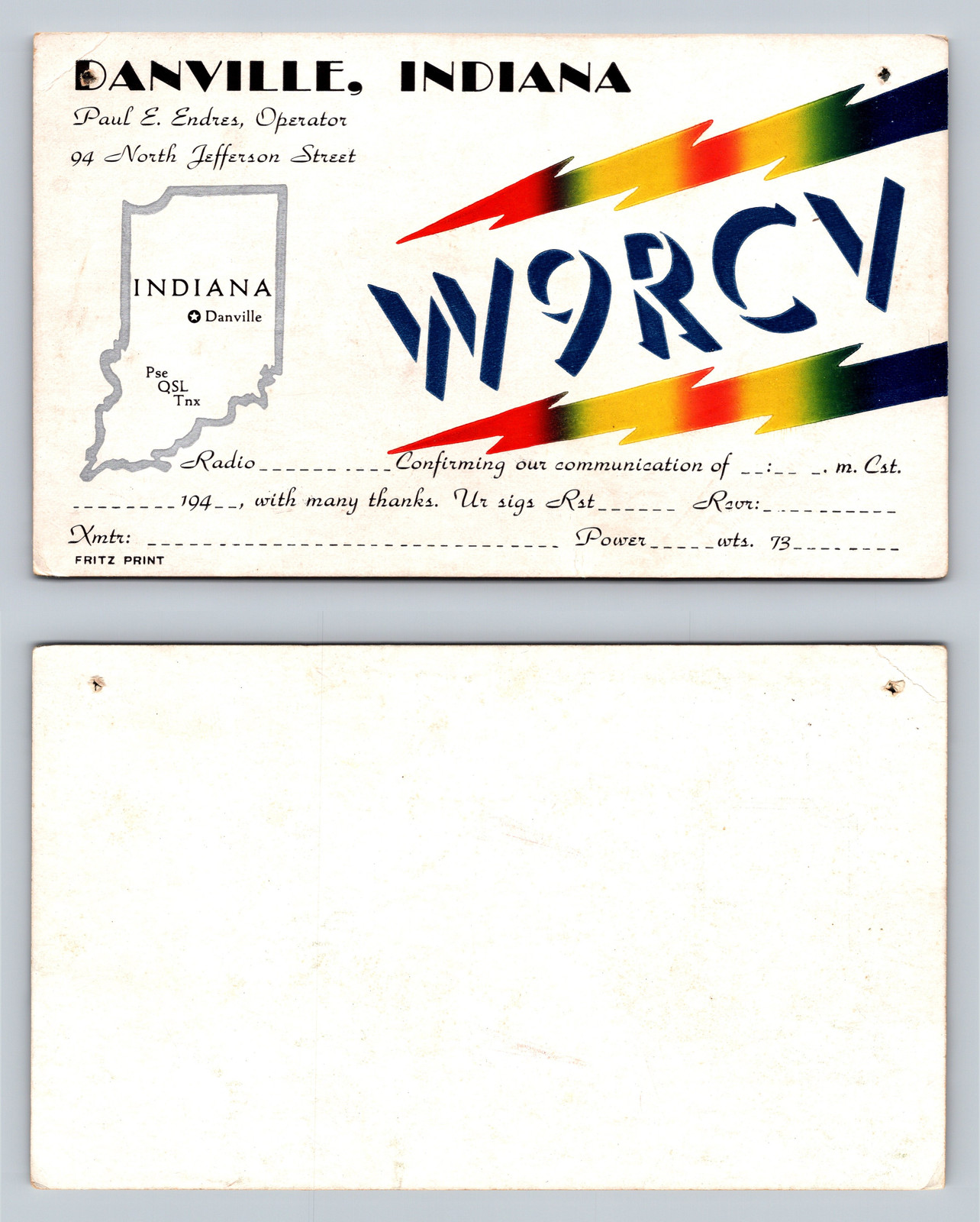 Ham Radio QSL QSO Postcard W9RCY, Danville, Indiana, USA