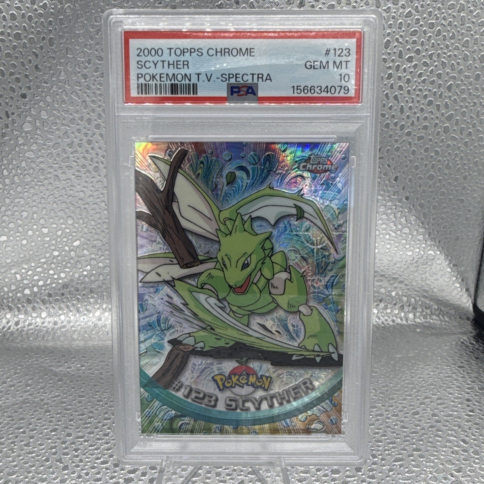 Topps 2000 Topps Chrome Pokemon TV Spectra Scyther #123 PSA 10 Topps 2000 Topps Chrome Pokemon TV Spectra Scyther #123 PSA 10
