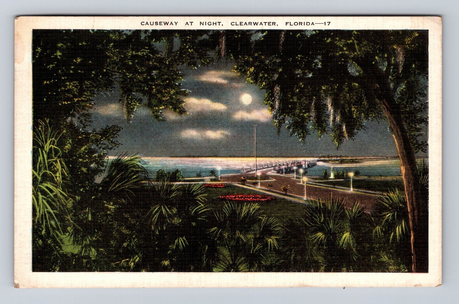 Clearwater FL-Florida, Causeway At Night, Antique, Vintage c1939 Postcard