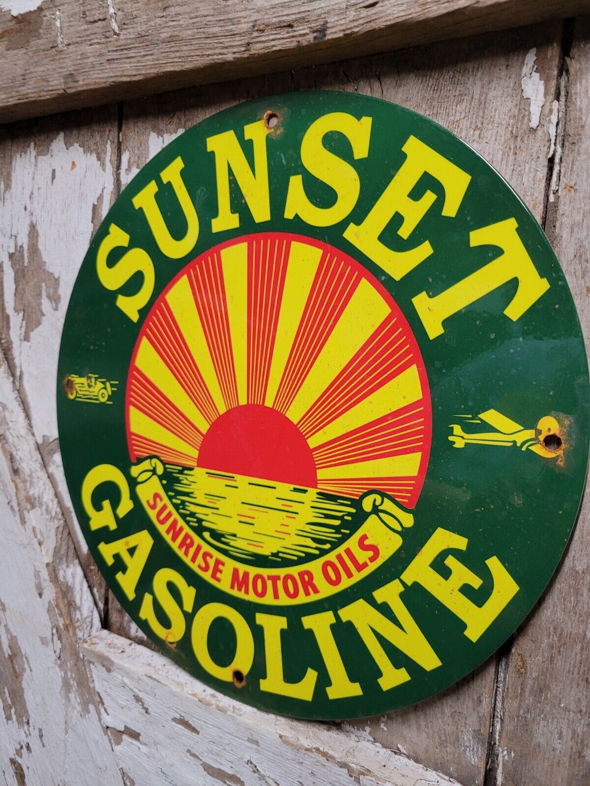 VINTAGE SUNSET GASOLINE PORCELAIN SIGN GAS STATION PUMP PLATE SUNRISE MOTOR OIL