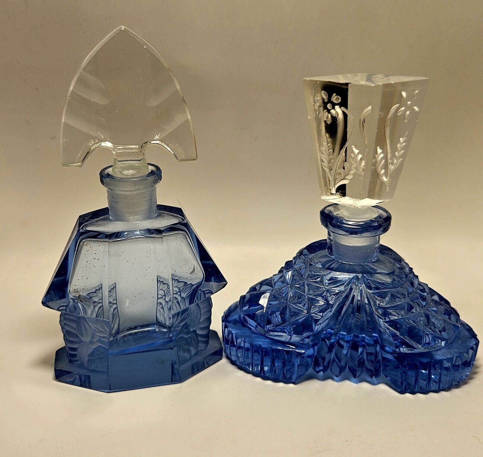 Vintage Blue & Clear Glass Czech Perfume Bottle Art Deco ***Set Of 2****