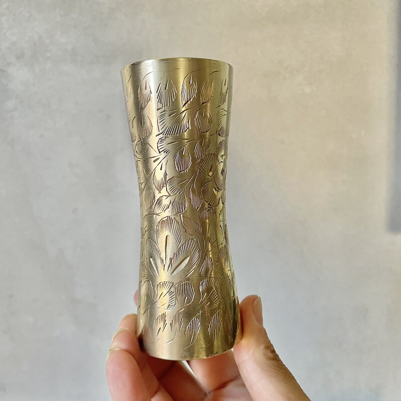 Vintage Small Solid Brass 4.5” Bud Vase Etched Floral Leaf Design- Made In India