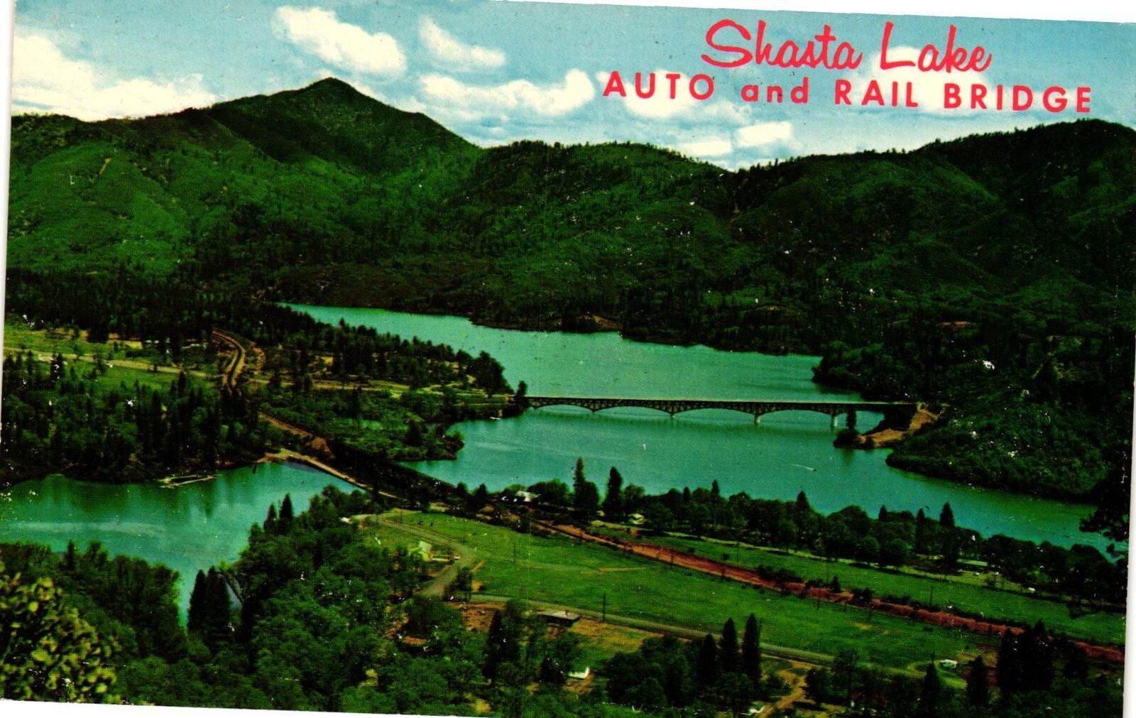 Vintage Postcard- Auto and Rail Bridges Over Shasta Lake.