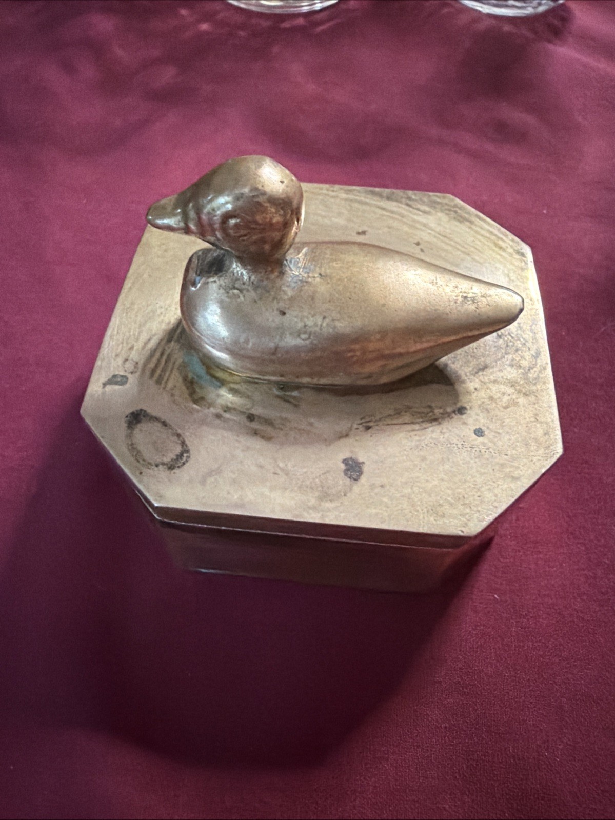 Vintage Mid Century Solid Brass Duck Octagon Trinket Box Lidded Catchall 1970s