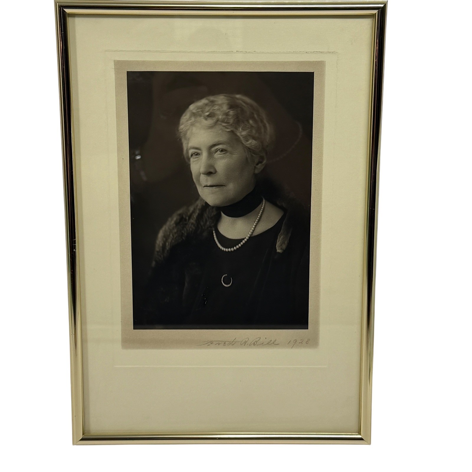 Vintage 1928 Fred R Bill Signed Portrait Photograph Framed B&W Woman Pearls 12x8