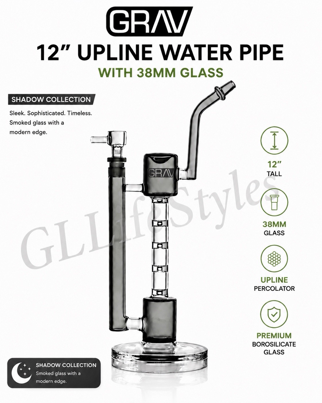 GRAV® Upline® 12” Water Pipe, Thick 38mm Glass Tubing, Shadow Collection Smoked