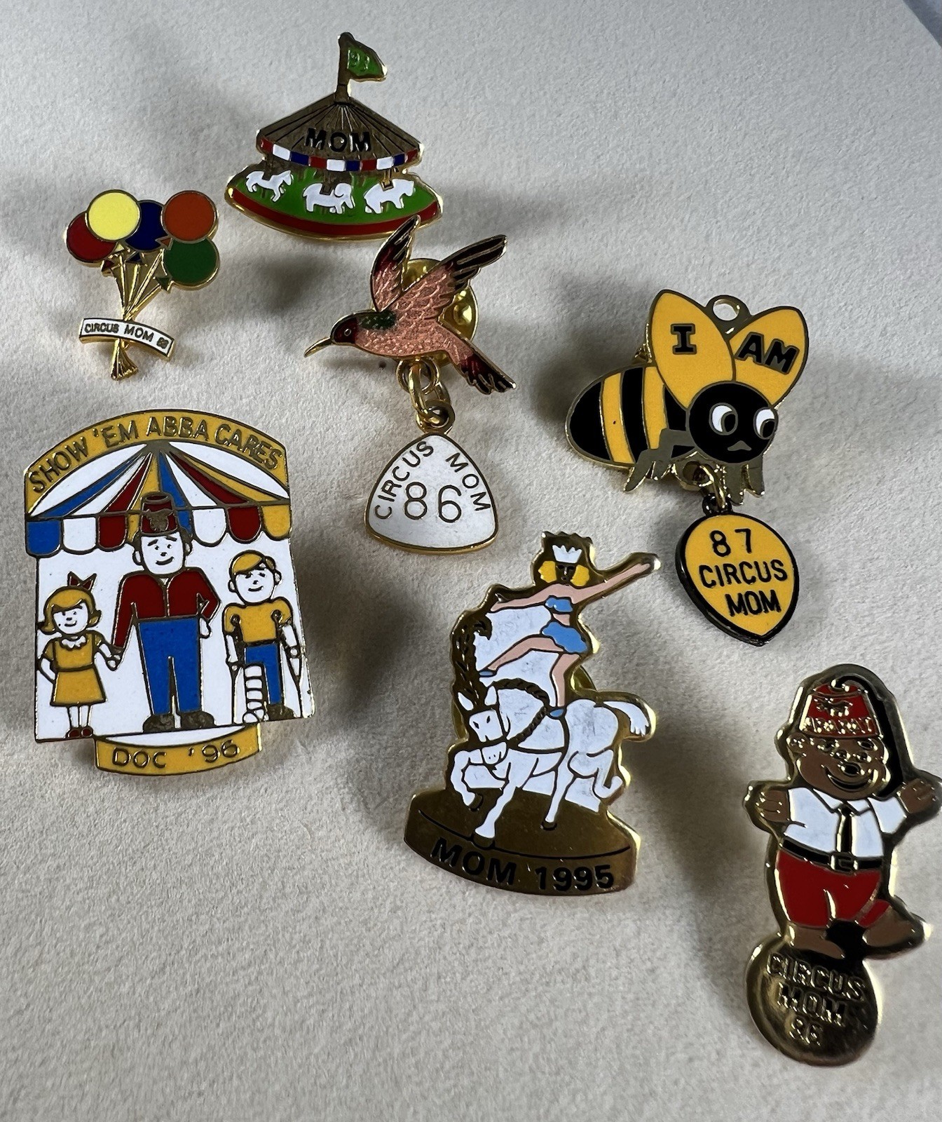 7 Vintage Ararat Shrine Circus Mom Volunteer Pins 1986-1996 Enamel Lapel Lot