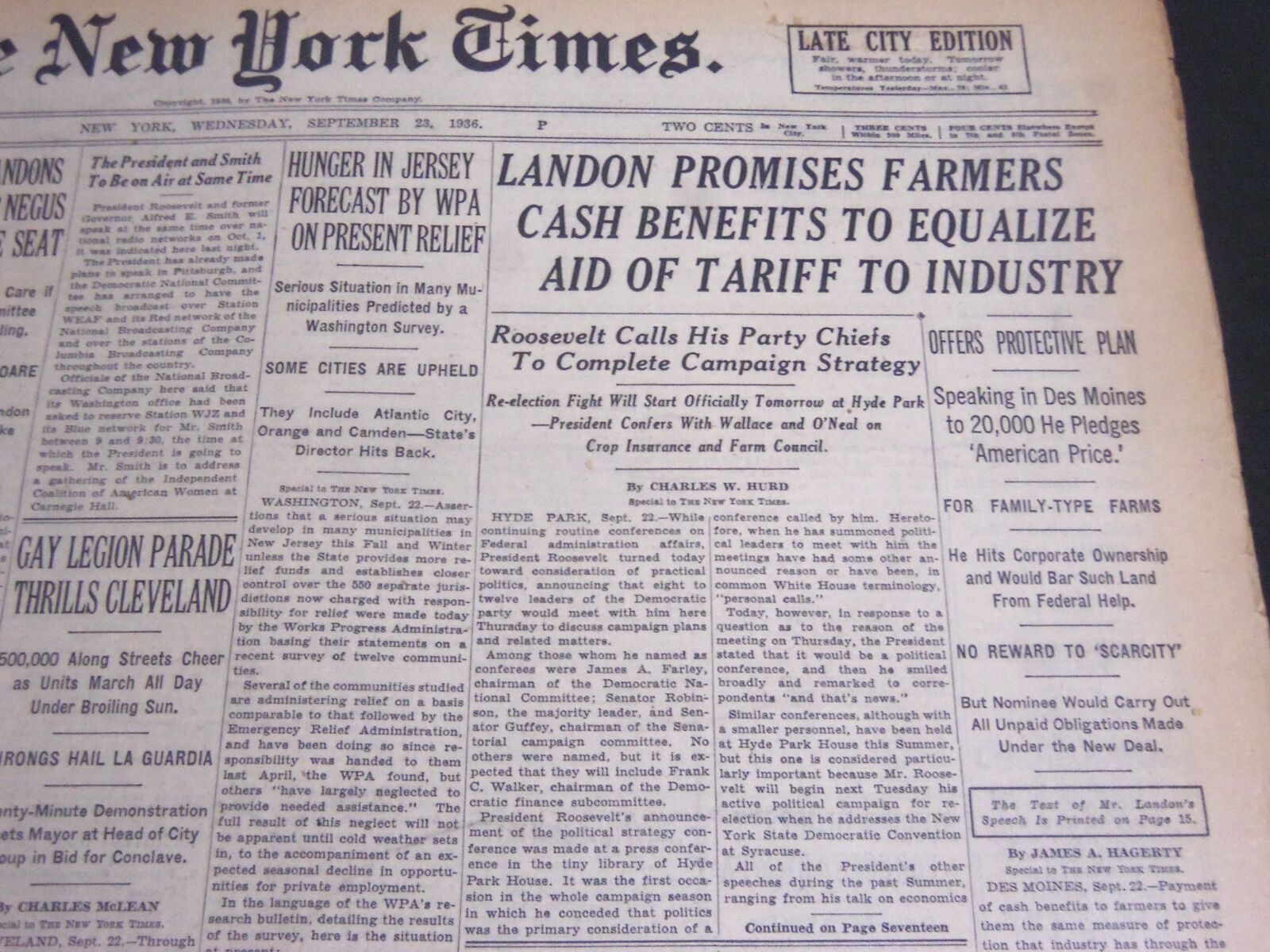 1936 SEPT 23 NEW YORK TIMES - LANDON PROMISES FARMERS CASH BENEFITS- NT 6885