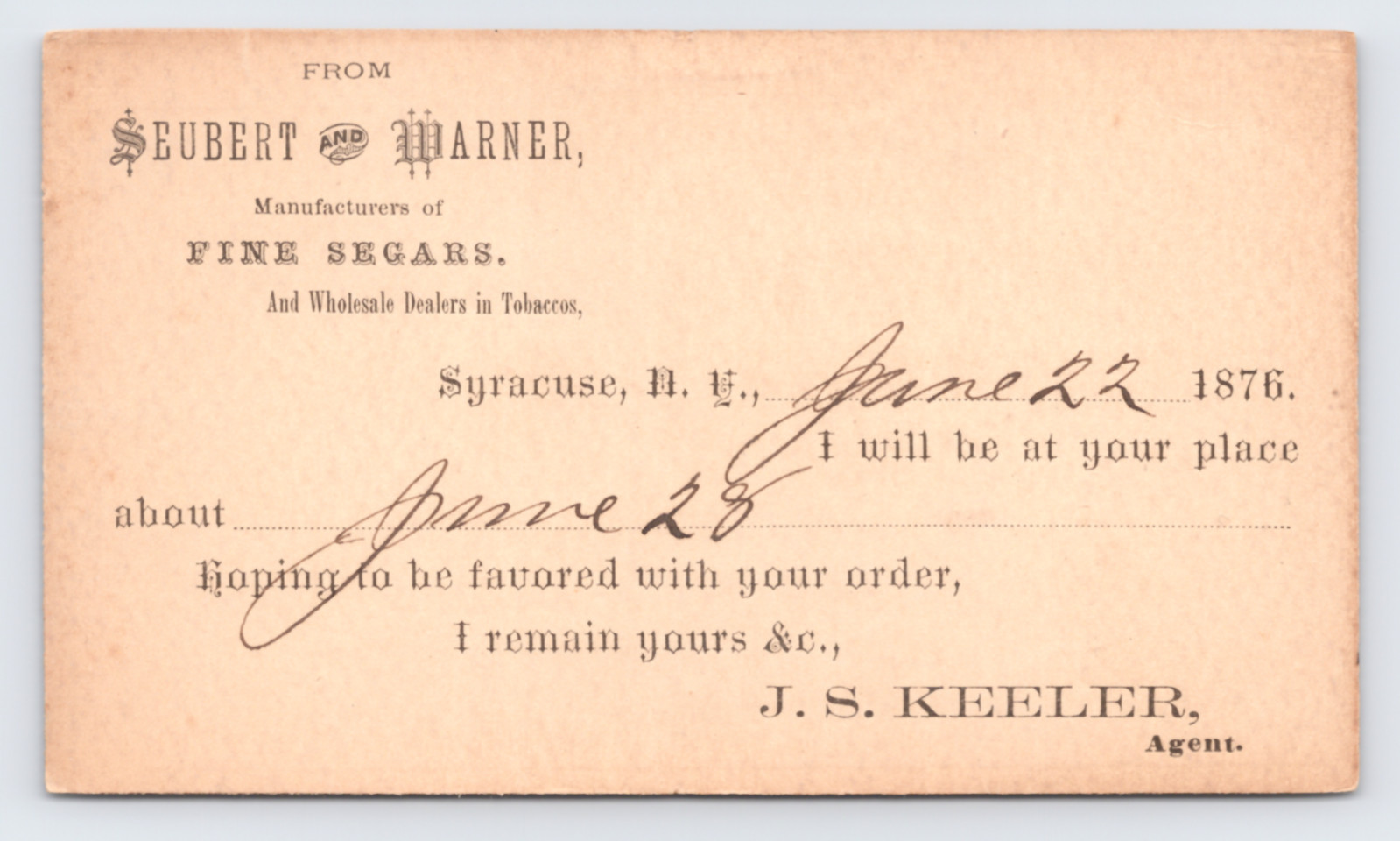 1876 Seubert & Warner Fine Segars Cigars Postal Card Syracuse NY to Romulus