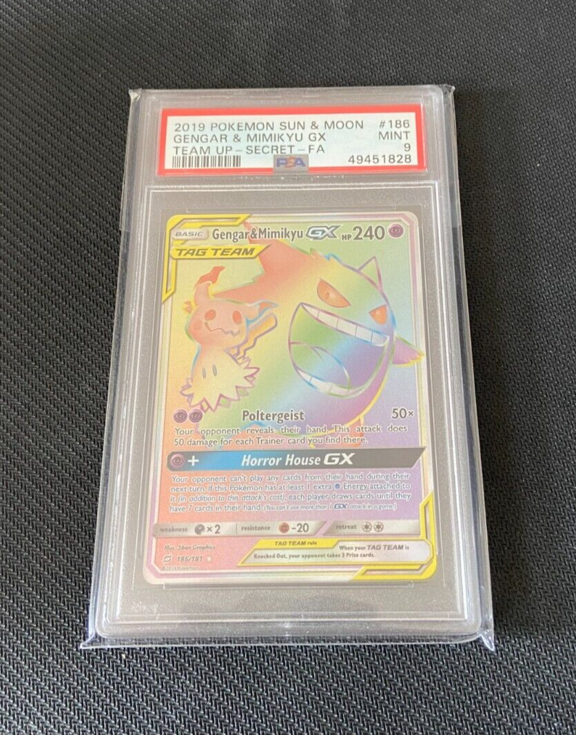 Pokemon Card PSA 9 Graded - Gengar & Mimikyu GX 186/181 - Team Up Secret Rare