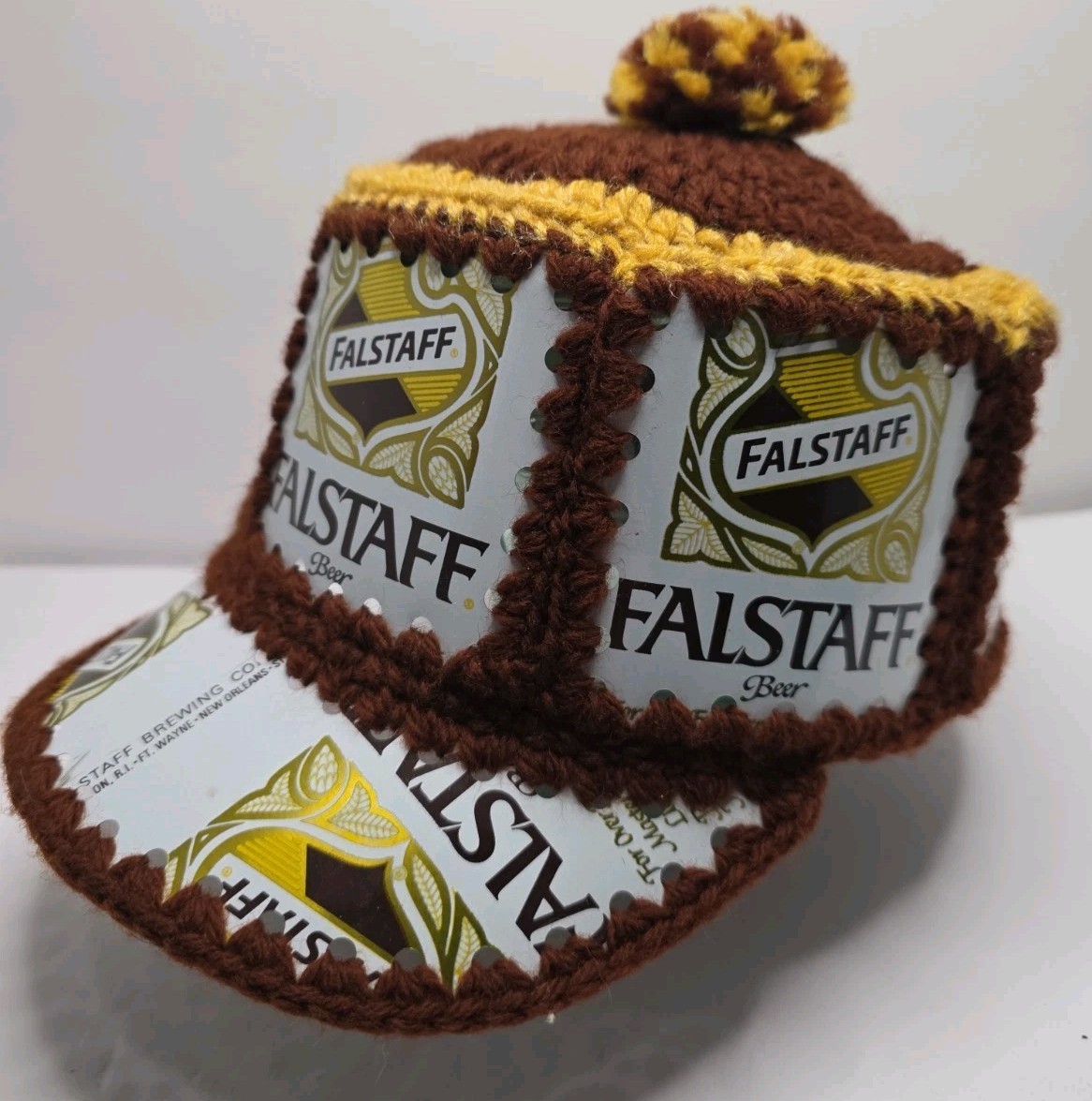 Vintage 1970s Falstaff Beer Can Crochet Hat Cap Retro Breweriana Party Bonnet Vintage 1970s Falstaff Beer Can Crochet Hat Cap Retro Breweriana Party Bonnet