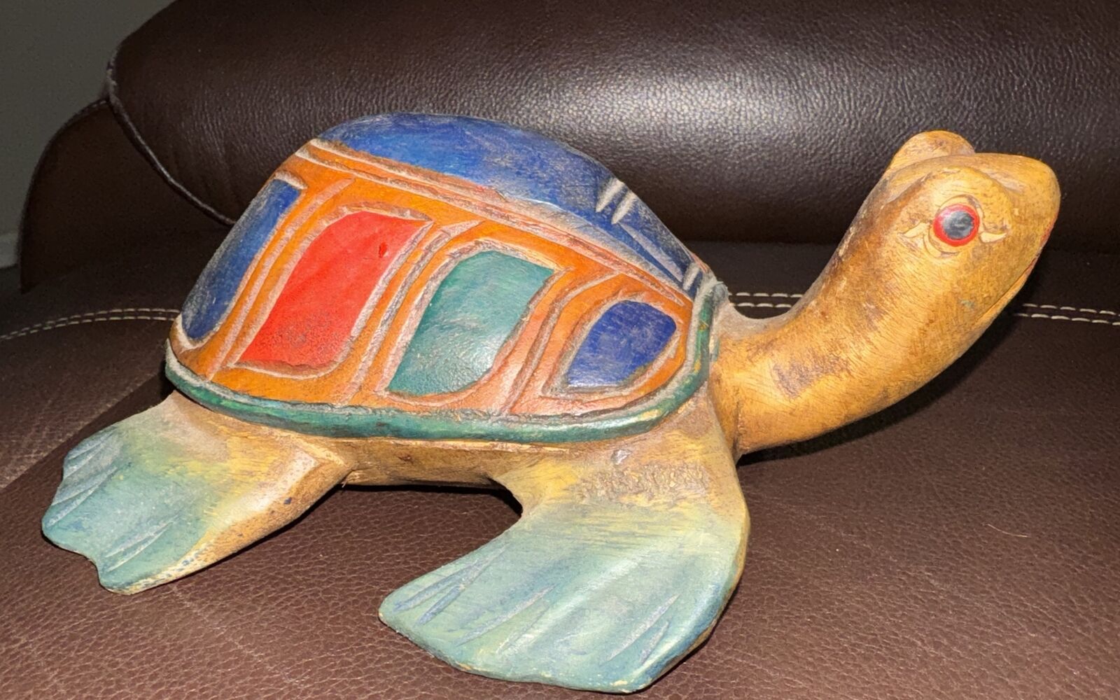 Vintage Sea Turtle Figurine Carved Painted Wooden Art Made In Mexico