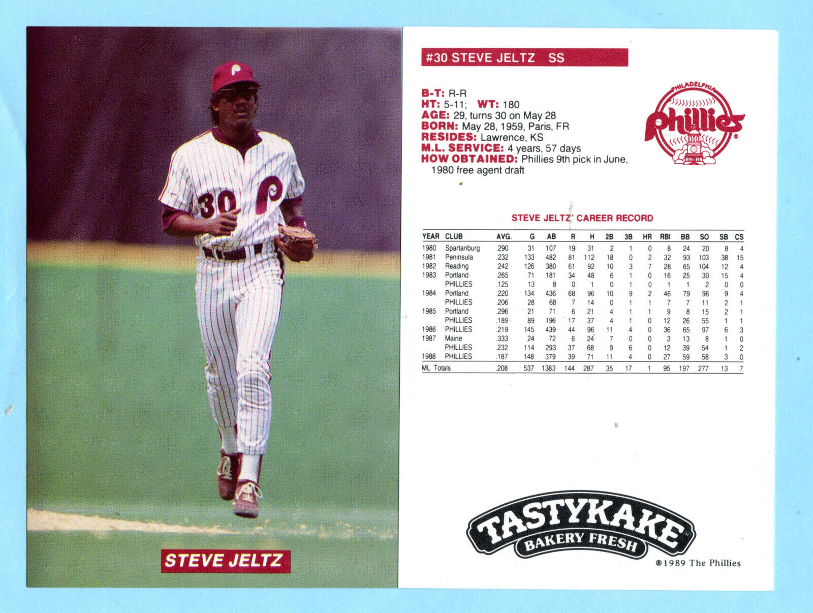 1989 Tastykake Phillies Postcard # 30 Steve Jeltz  Box 710