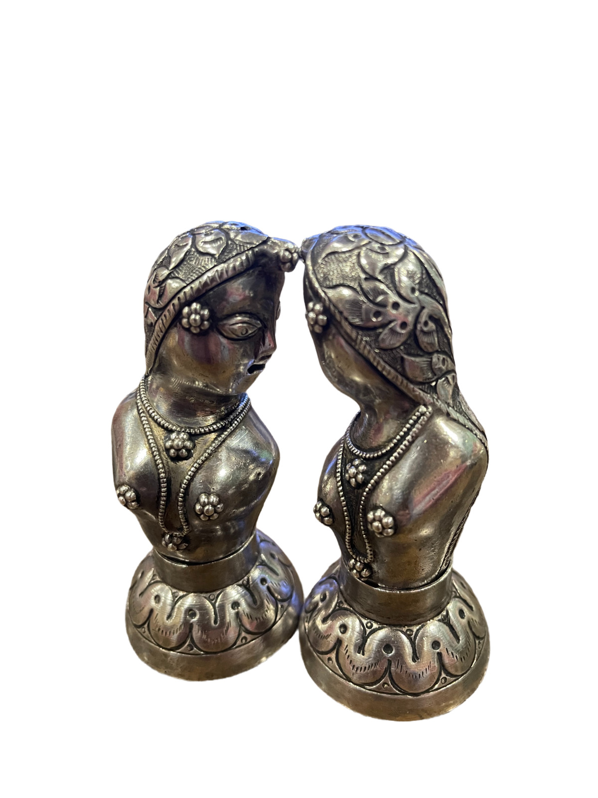 Antique Indian Sterling Silver Salt & Pepper Shakers, Figurine Maidens