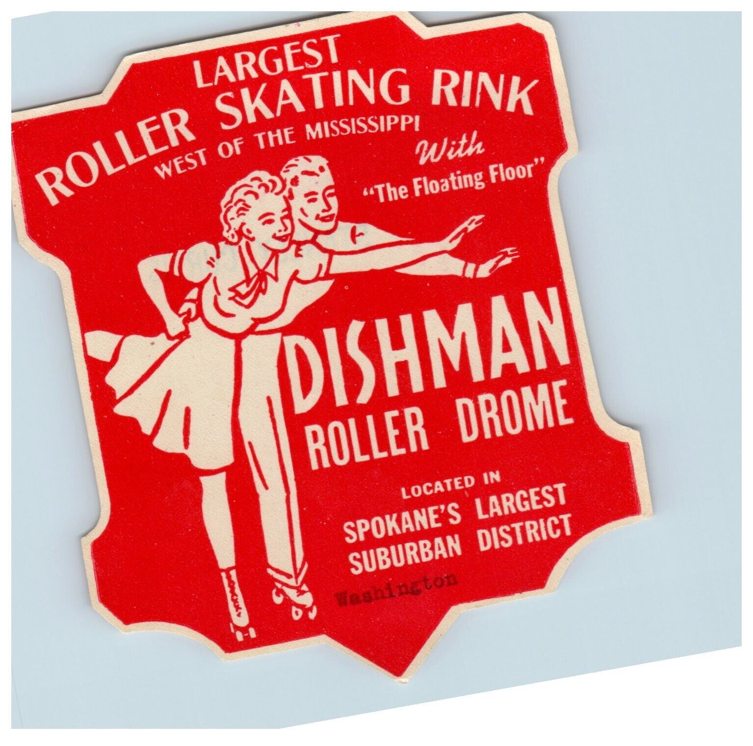 Original Vintage 1940s Roller Skating Rink Sticker Dishman Spokane WA s13