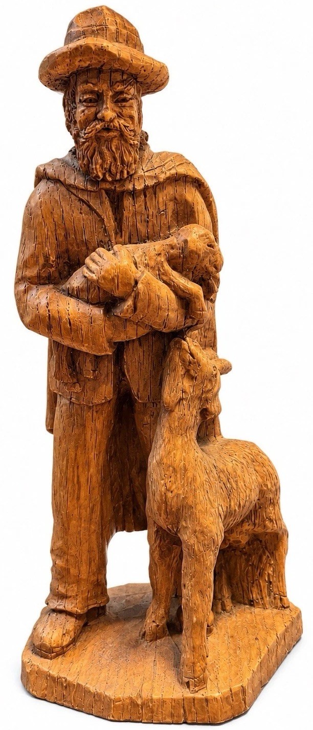 Vintage Hand Carved Wood Shepherd Figurine w. Lamb Goat Sheep French Folk Art 9” Vintage Hand Carved Wood Shepherd Figurine w. Lamb Goat Sheep French Folk Art 9”