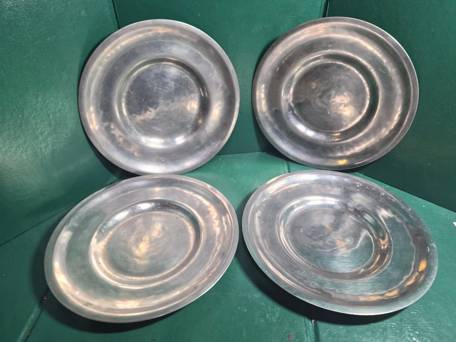 4 Antique Handmade Pewter Plates Signed G.F.B Bason Chapel Hill North Carolina 4 Antique Handmade Pewter Plates Signed G.F.B Bason Chapel Hill North Carolina