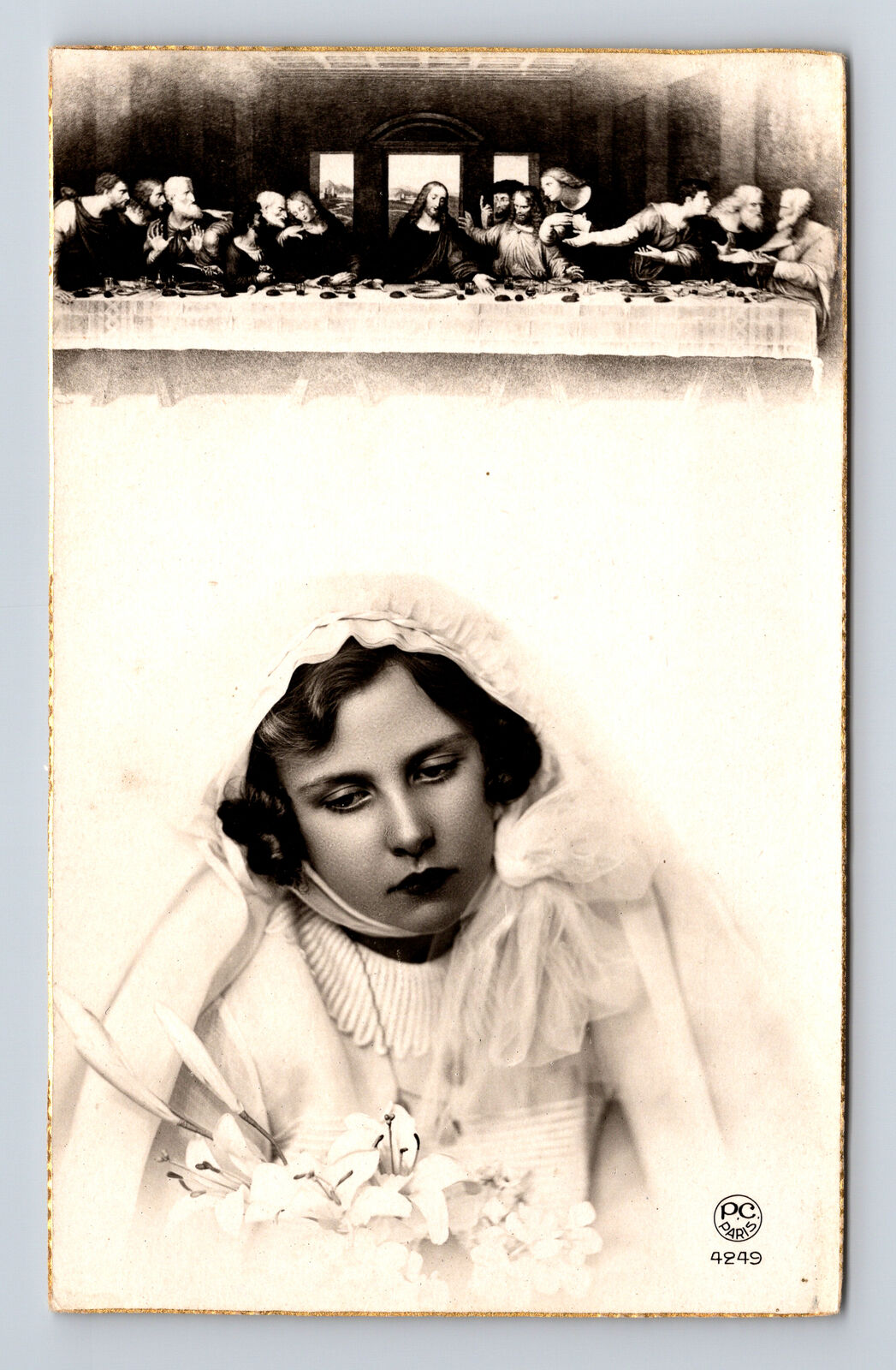 RPPC Gold Edge Portrait of Young Woman & Last Supper Real Photo Postcard