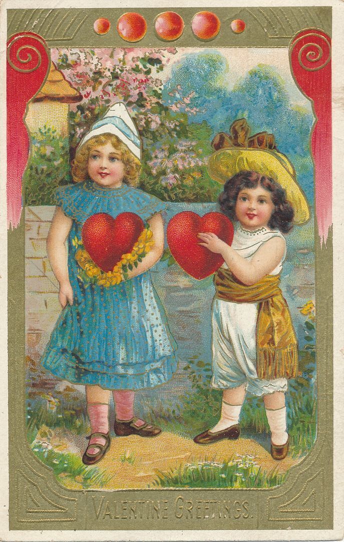 VALENTINE'S DAY - Two Girls Holding Big Hearts Art Deco Valentines Greetings
