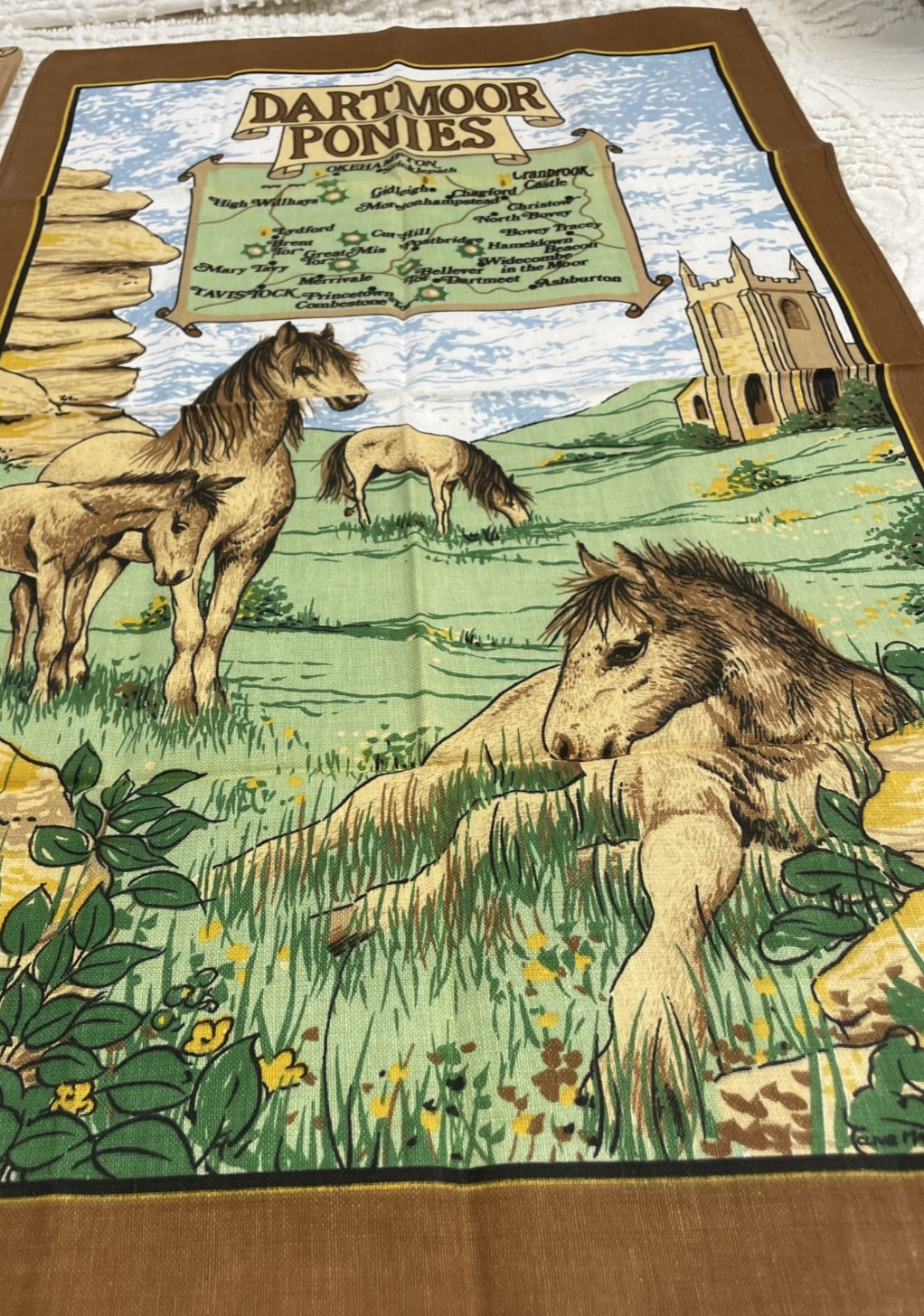 Vintage NOS “Dartmoor Ponies” Souvenir Cotton Kitchen Tea Towel - England Vintage NOS “Dartmoor Ponies” Souvenir Cotton Kitchen Tea Towel - England