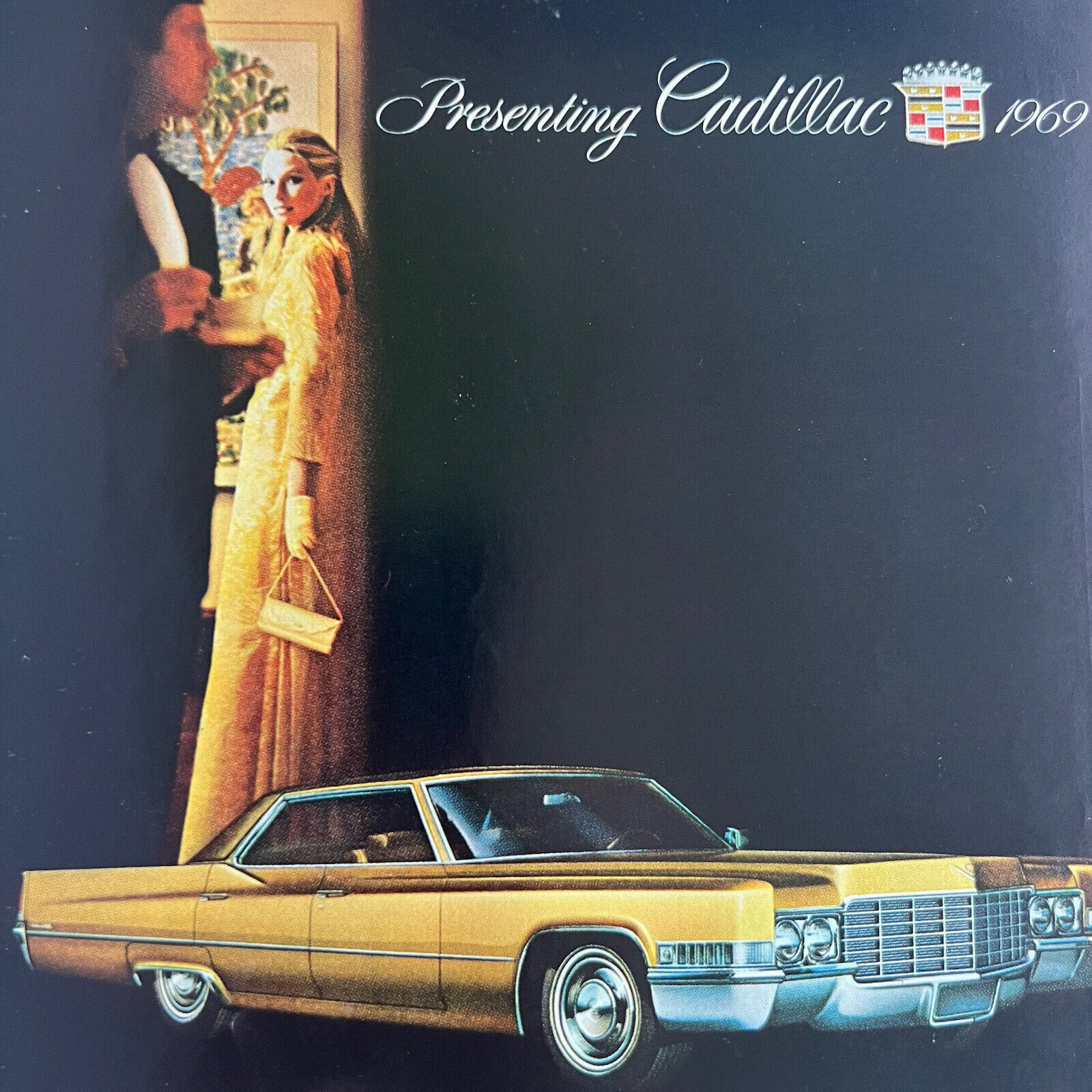 Vintage 1969 Cadillac Gold Sedan Color Advertisement Ad Black Background Couple