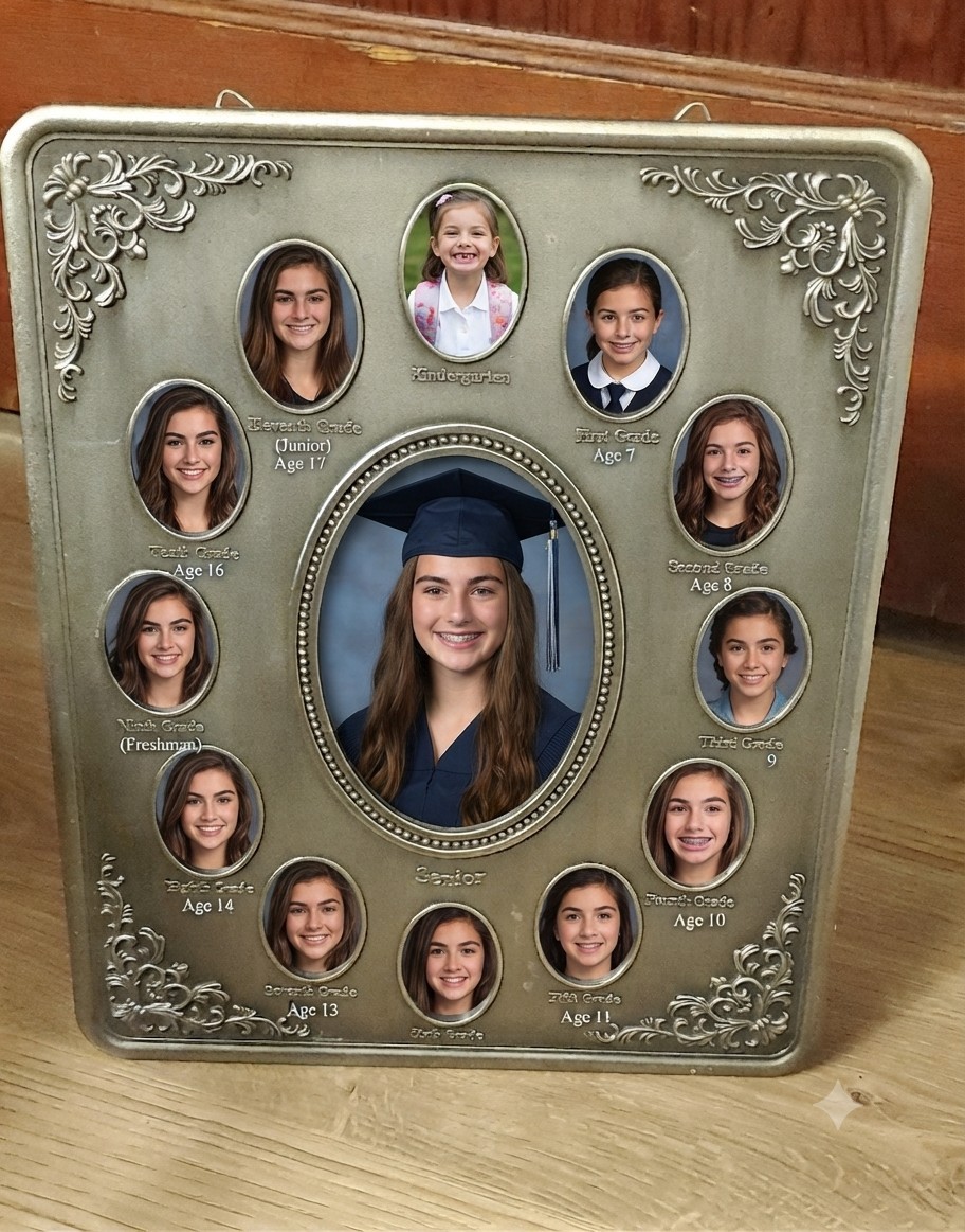 Vintage ESC Pewter School Years Picture Frame 12x10 Heavy Metal Collage K-12 Vintage ESC Pewter School Years Picture Frame 12x10 Heavy Metal Collage K-12