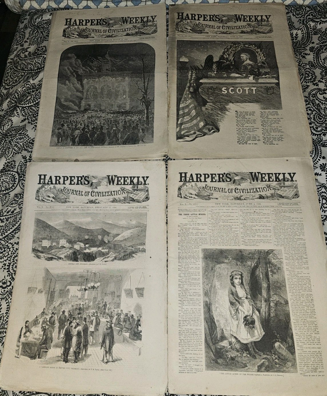 1866 Harpers Weekly Lot 4 Denver Colorado Gambling Thomas Nast Winfield Scott