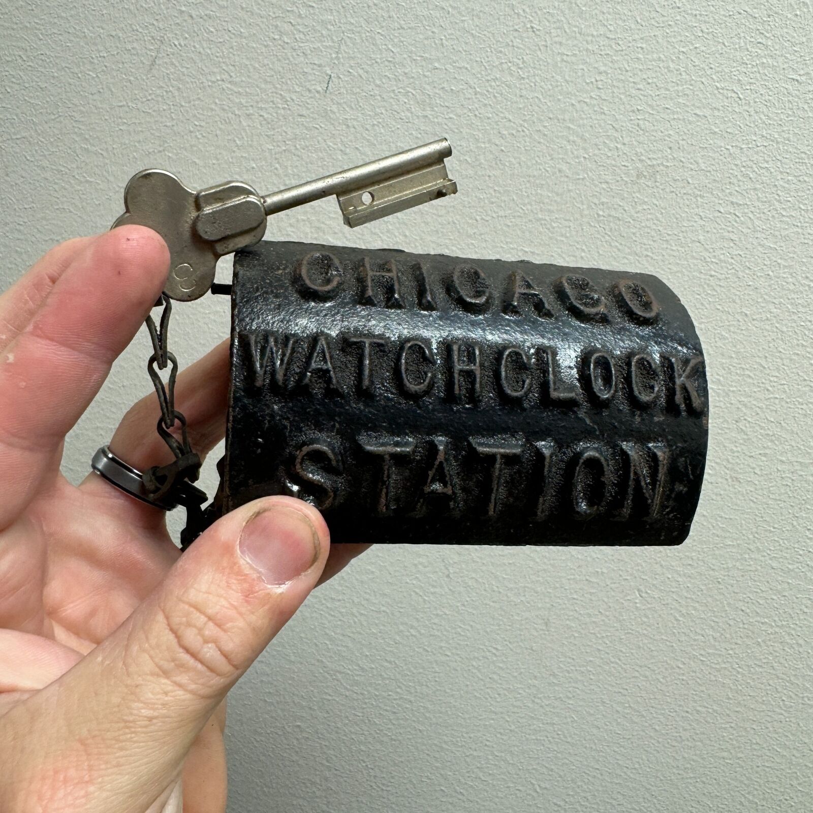 Vintage CHICAGO WATCHCLOCK STATION w/ Skeleton Key - Cast Iron