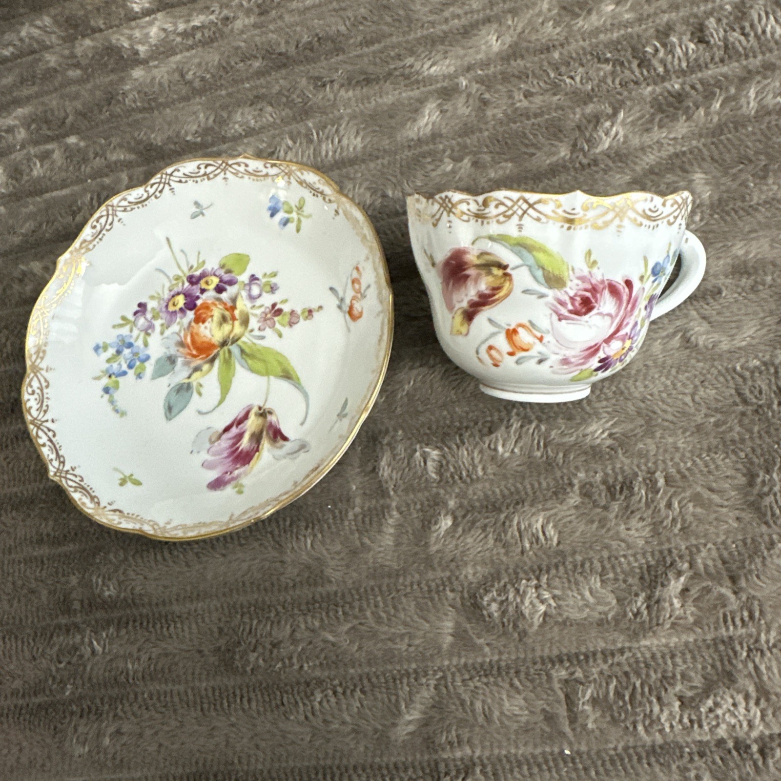 Vintage Dresden FLORAL GOLD Tea Cup & Saucer AR Crown MEISSEN at the bottom
