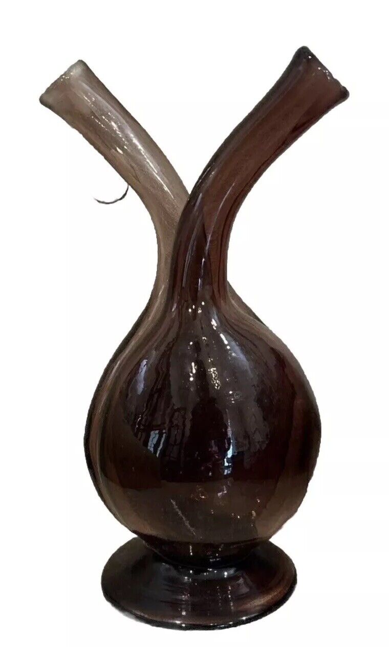 Amethyst 10” Mexican Modernist Double Spouted Handblown Bubble Footed Vase