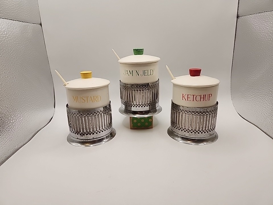 Vintage Set of 3 Porcelain & Metal Condiment Jars Mustard Ketchup Jam & Jelly Vintage Set of 3 Porcelain & Metal Condiment Jars Mustard Ketchup Jam & Jelly