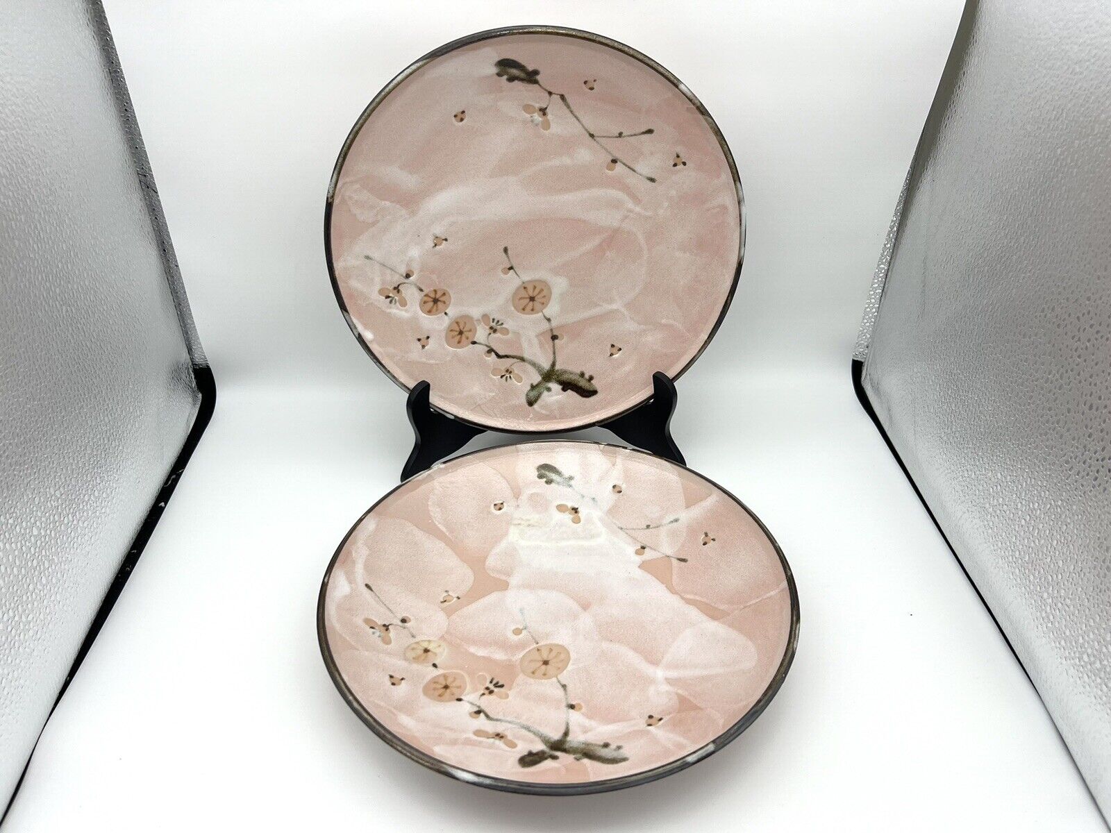 Nice Vintage Japanese Pink Shino Kafuh 10” Pottery Plates Cherry Blossom