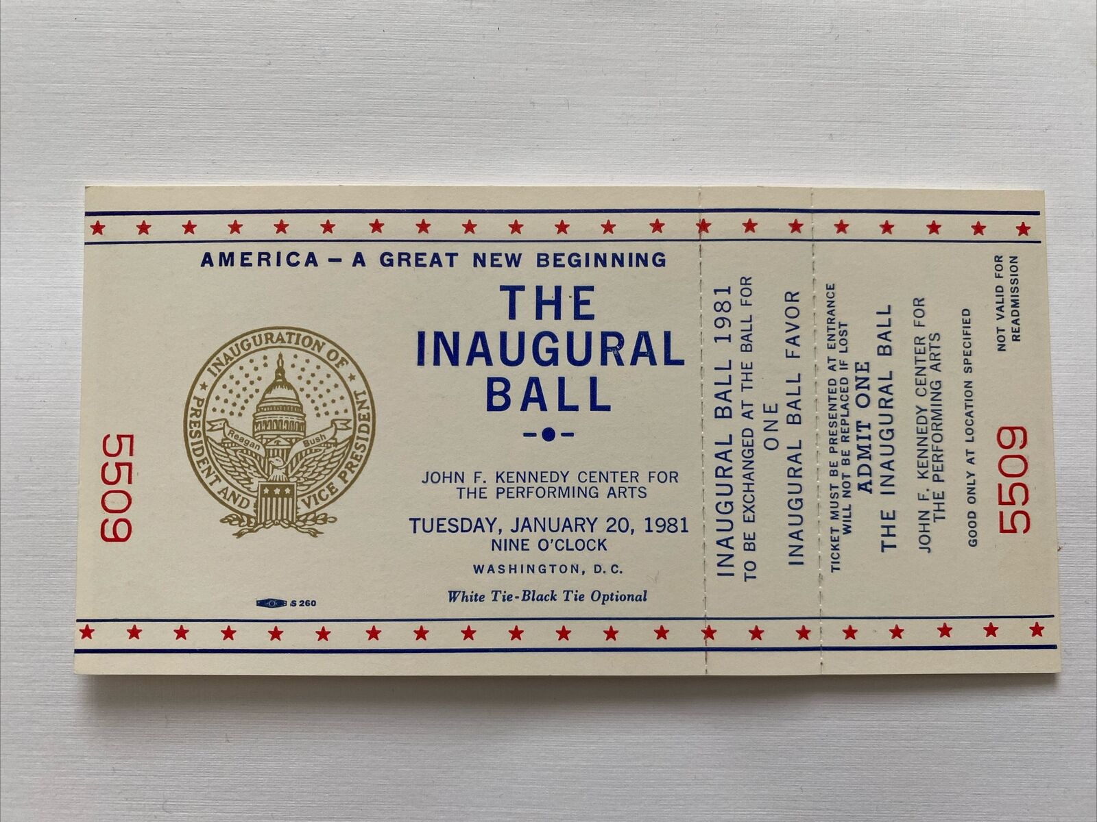 1981 President Ronald Reagan Inauguration Inaugural Ball Ticket Kennedy Center
