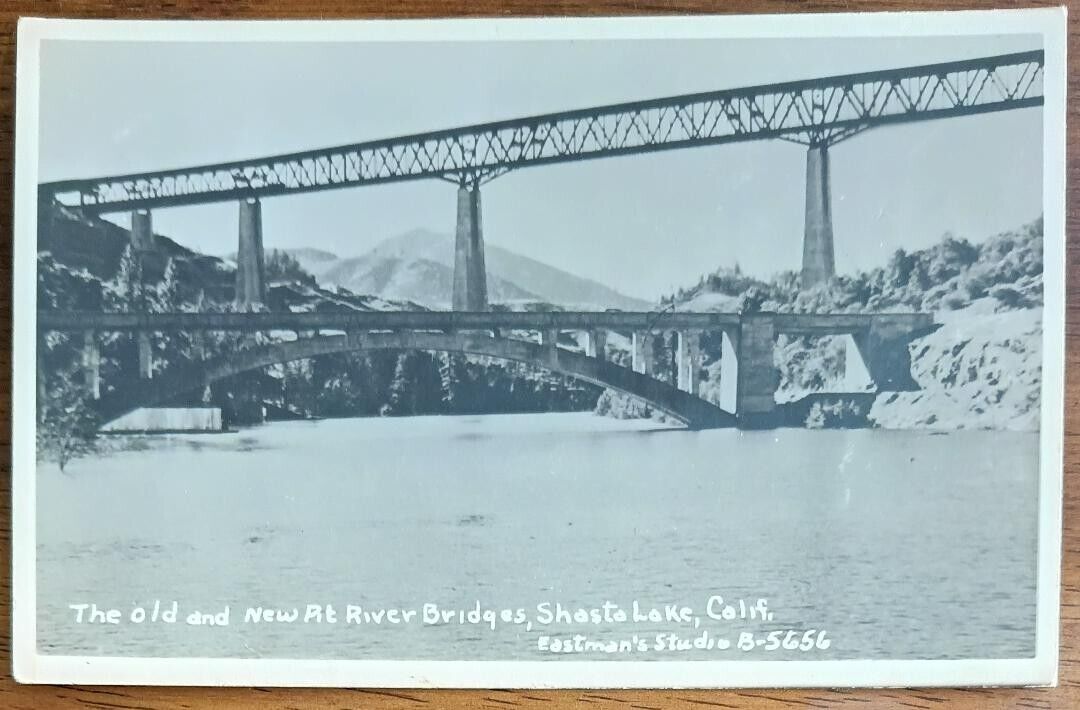 Shasta Lake, California RPPC Real Photo Postcard Old & New Pit River Bridges
